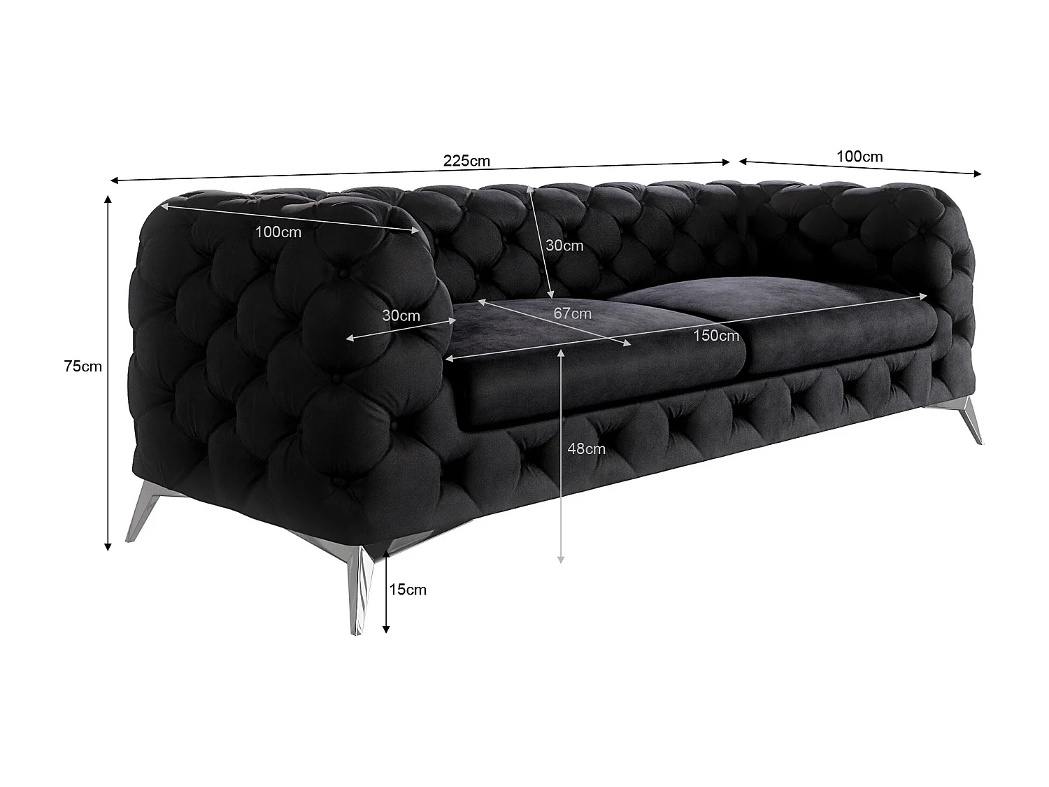 Celeste 3-Sitzer Chesterfield Sofa mit Silber Metall Füßen