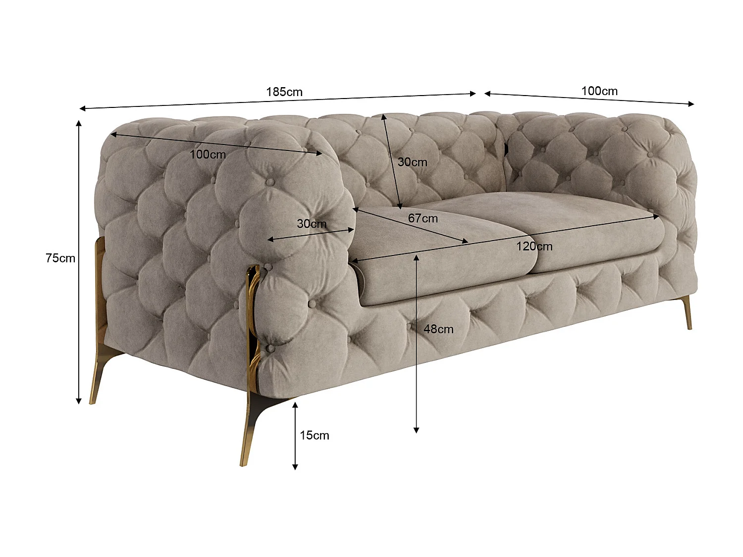 Ulysses 2-Sitzer Chesterfield Sofa mit Goldene Metall Füßen