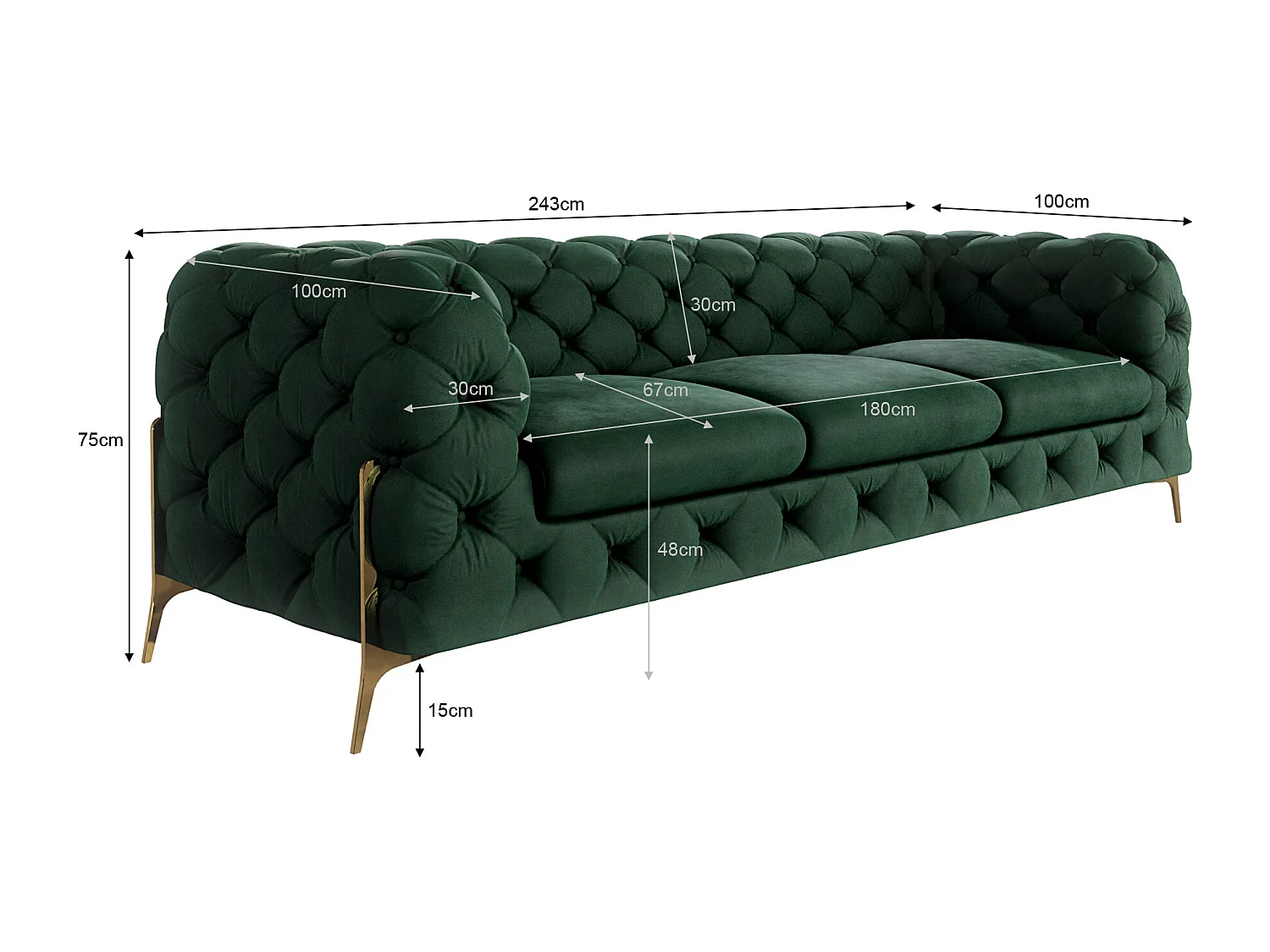Ulysses 3-Sitzer Chesterfield Sofa mit Goldene Metall Füßen