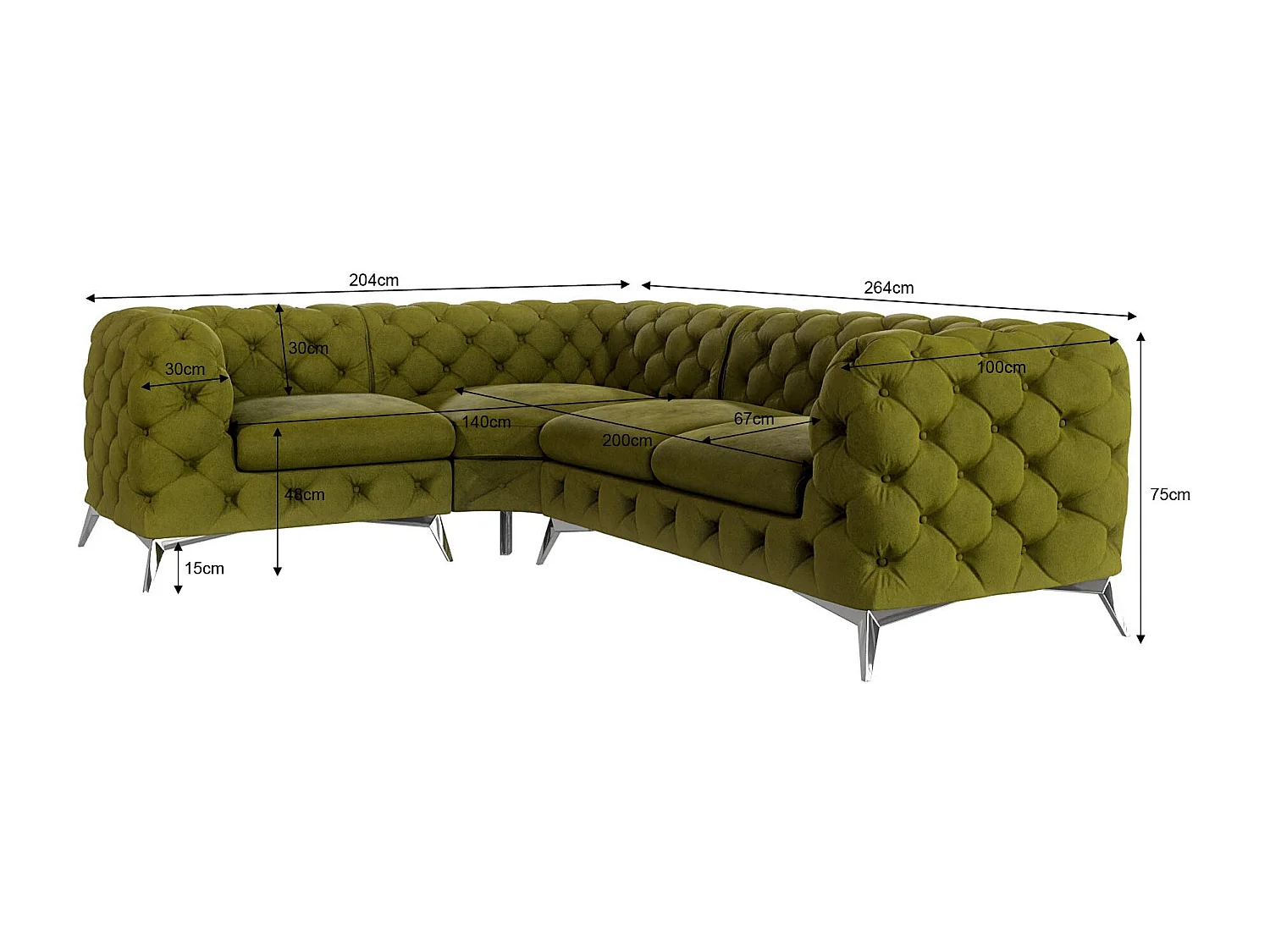 Ecksofa mit Ottomane Chesterfield Celeste mit Silber Metall Füßen
