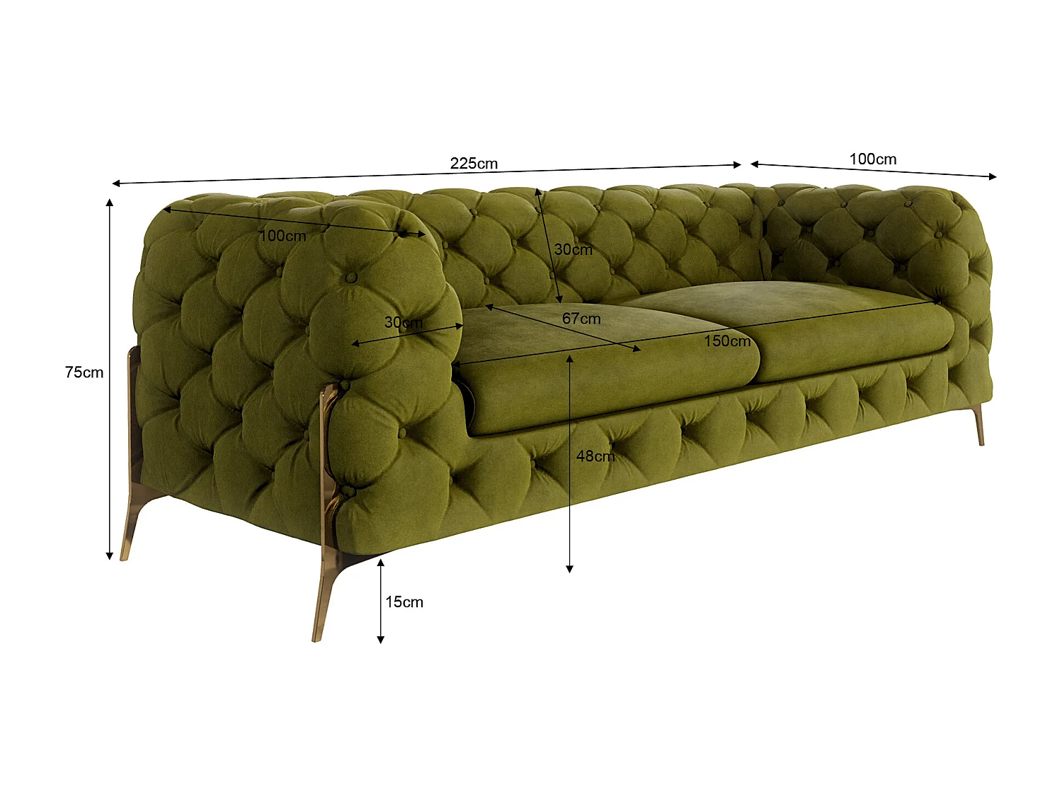 Ulysses 3-Sitzer Chesterfield Sofa mit Goldene Metall Füßen