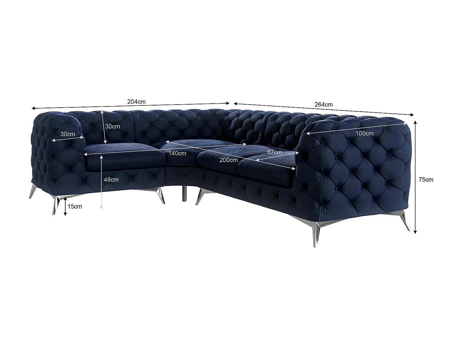 Ecksofa mit Ottomane Chesterfield Celeste mit Silber Metall Füßen