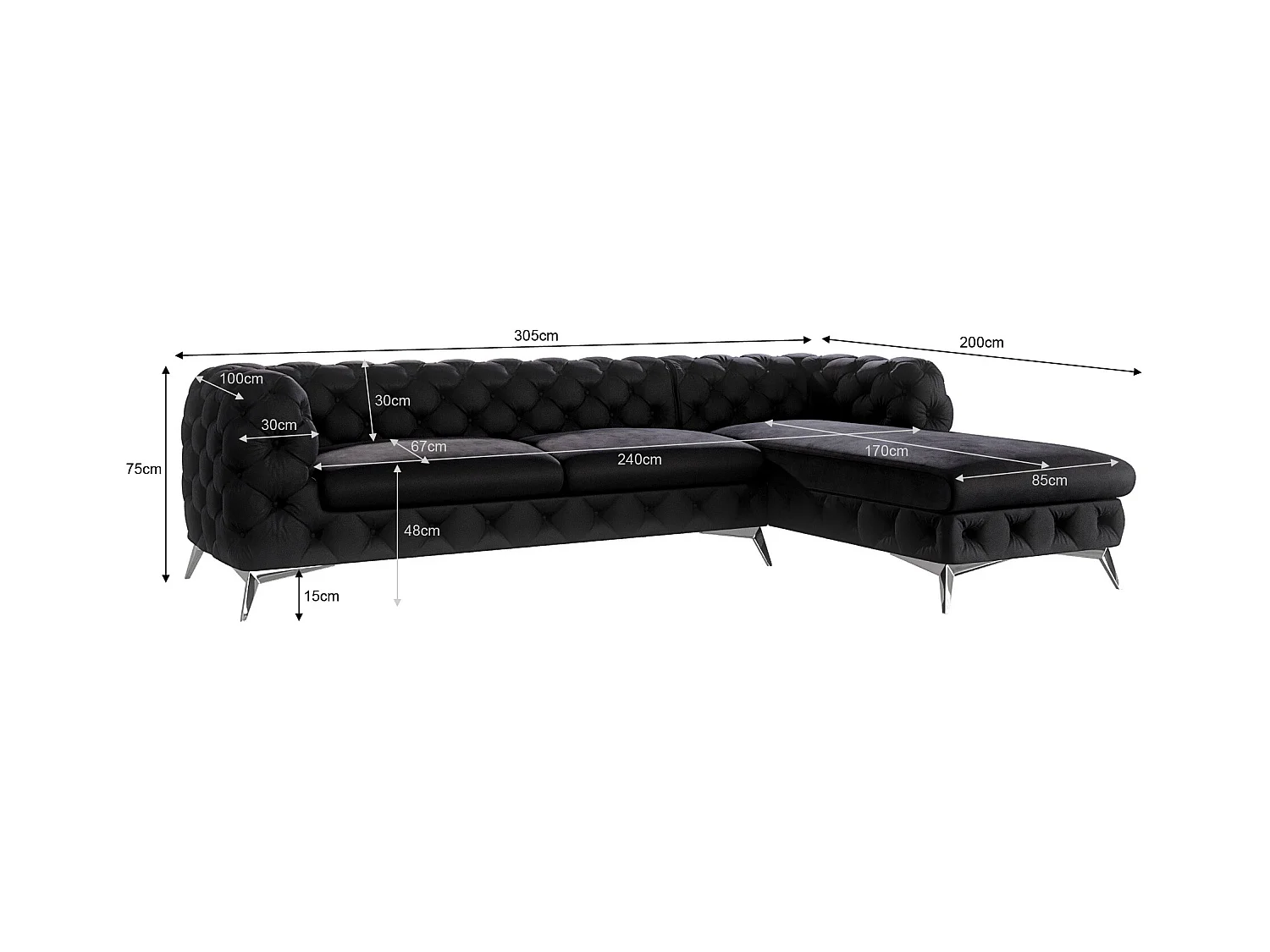 Ecksofa mit Ottomane Chesterfield Celeste mit Silber Metall Füßen