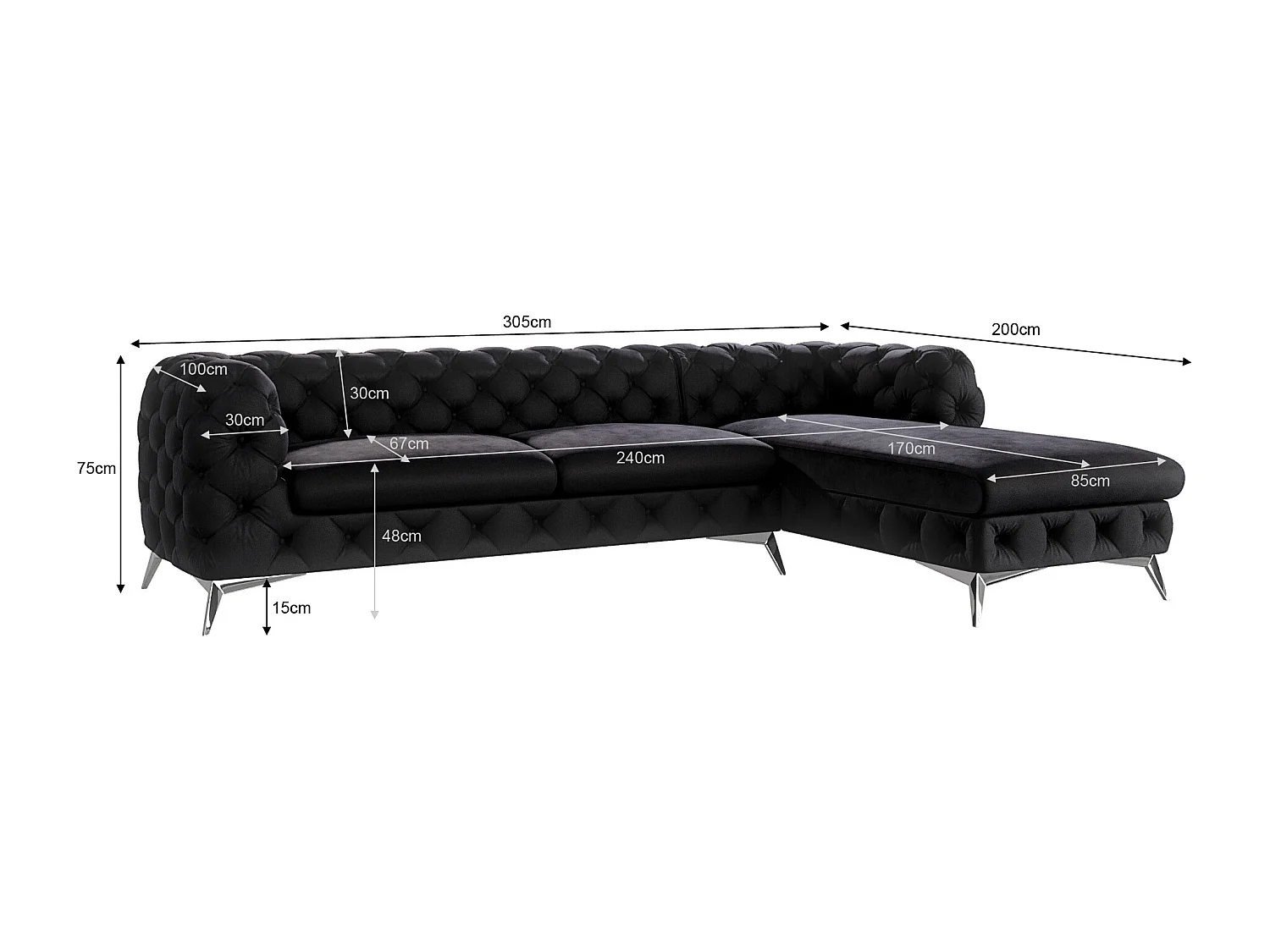 Ecksofa mit Ottomane Chesterfield Celeste mit Silber Metall Füßen