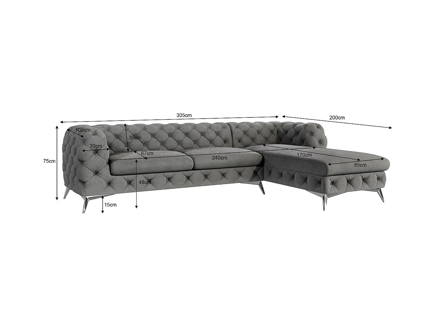 Ecksofa mit Ottomane Chesterfield Celeste mit Silber Metall Füßen