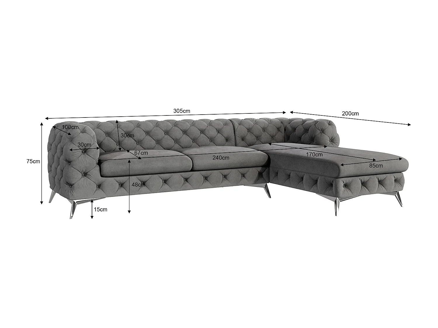 Ecksofa mit Ottomane Chesterfield Celeste mit Silber Metall Füßen