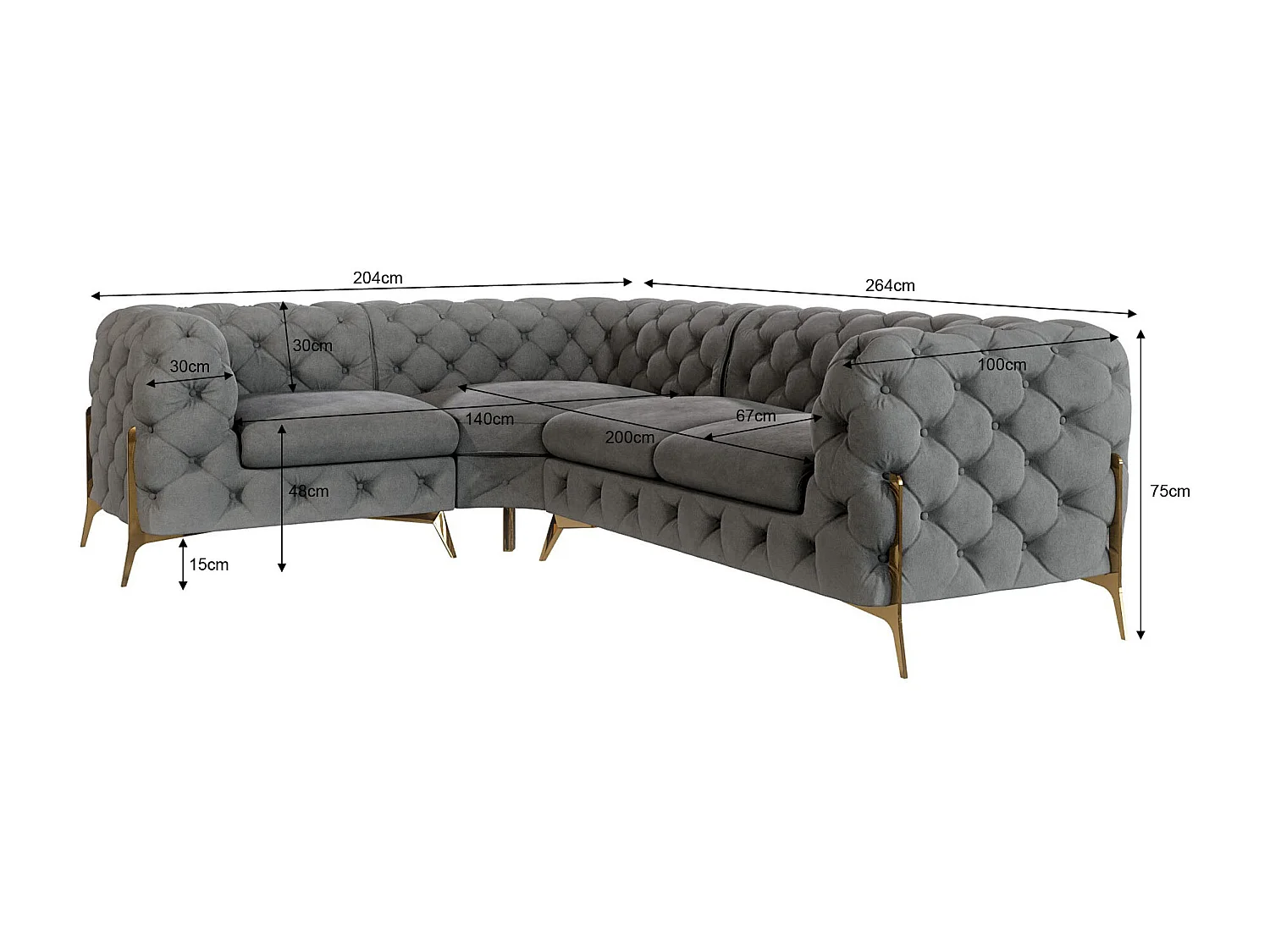Ecksofa Chesterfield Ulysses mit Goldene Metall Füßen