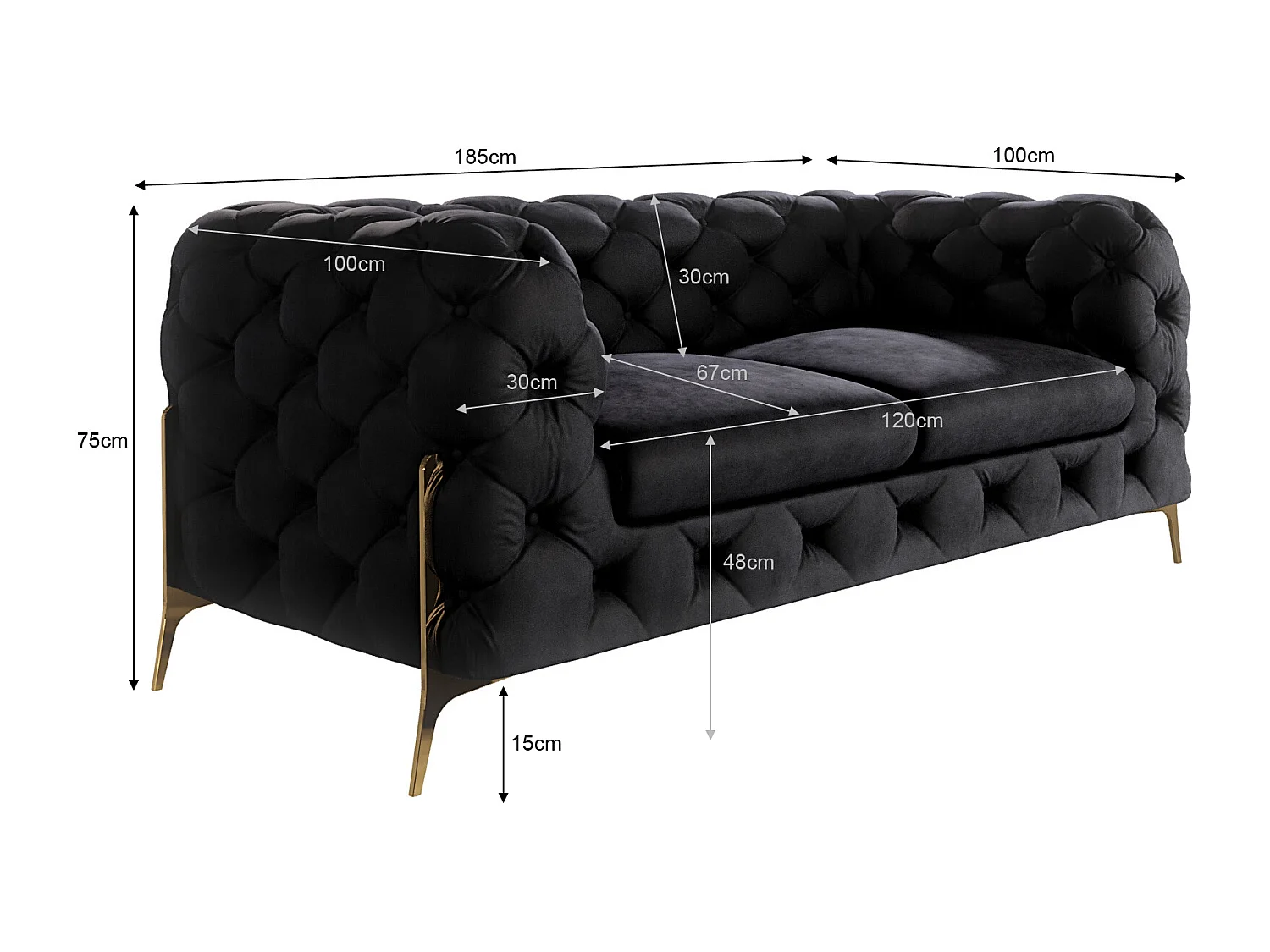 Ulysses 2-Sitzer Chesterfield Sofa mit Goldene Metall Füßen