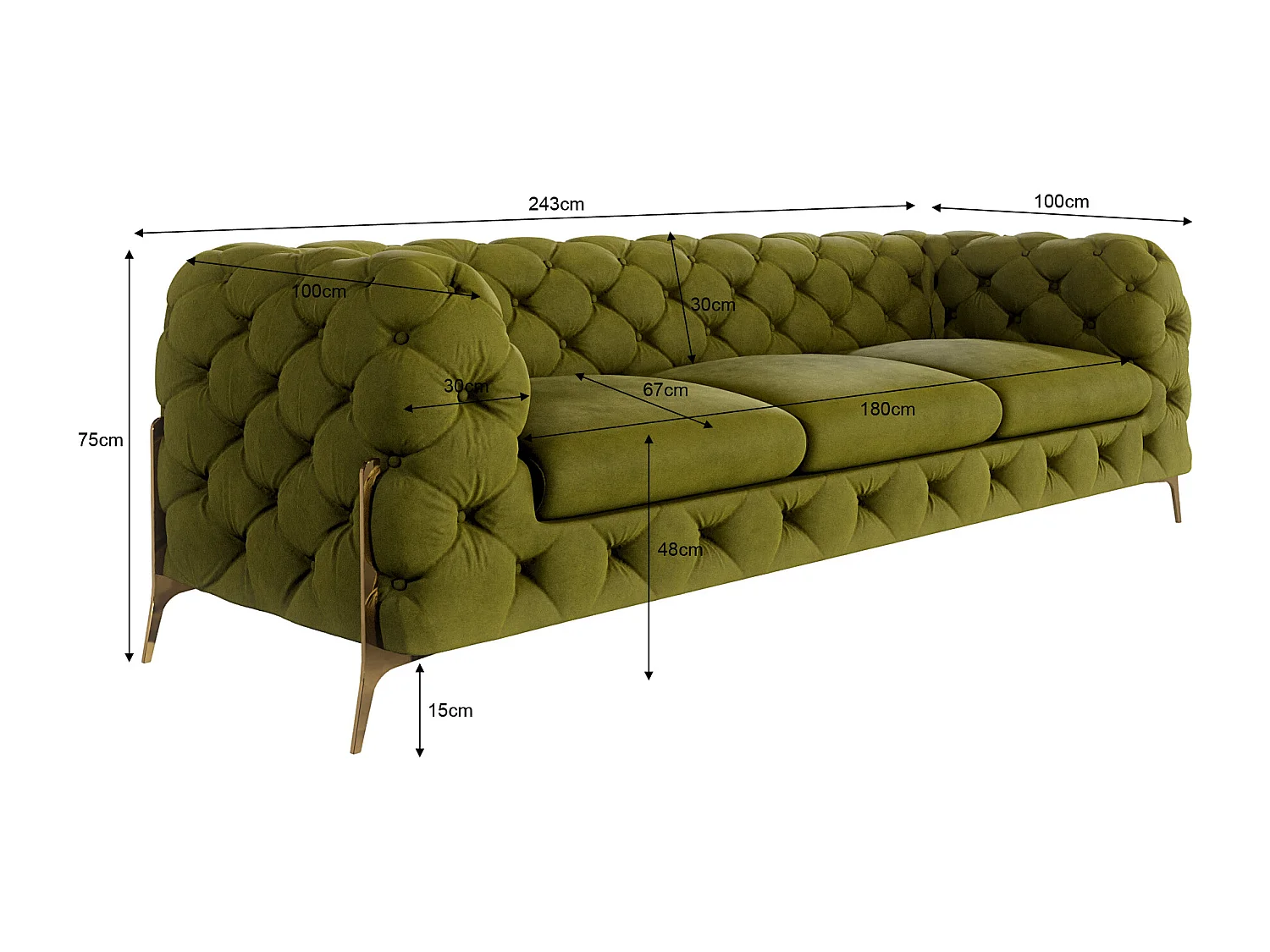 Ulysses 3-Sitzer Chesterfield Sofa mit Goldene Metall Füßen