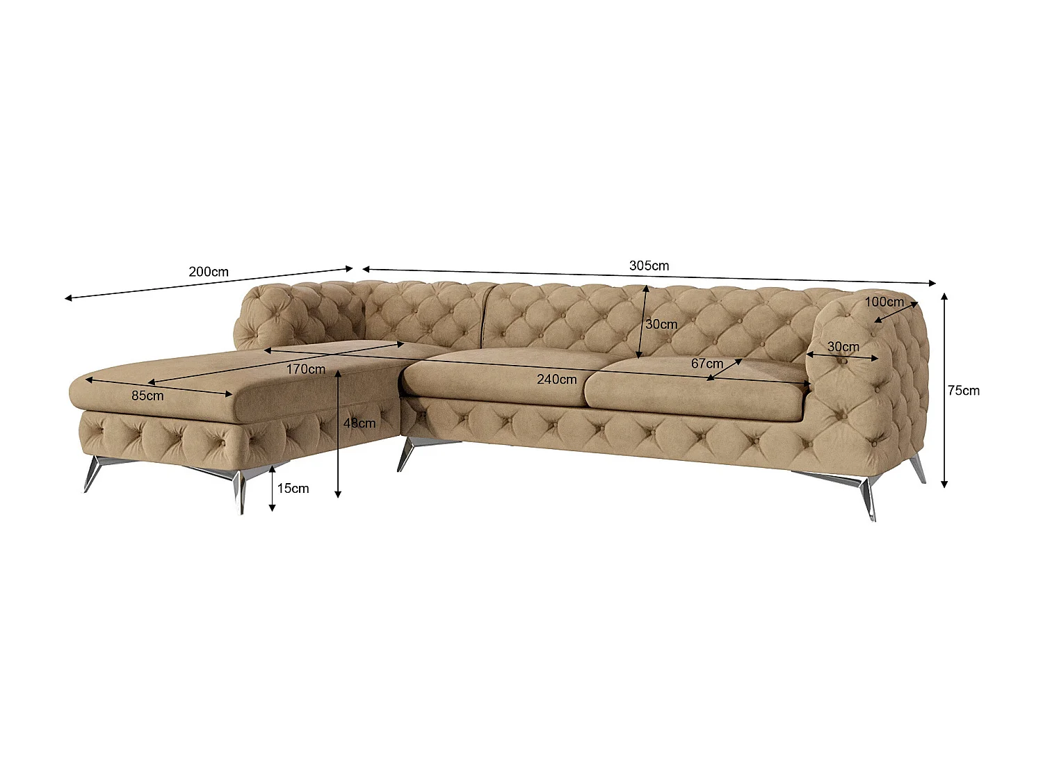 Ecksofa mit Ottomane Chesterfield Celeste mit Silber Metall Füßen