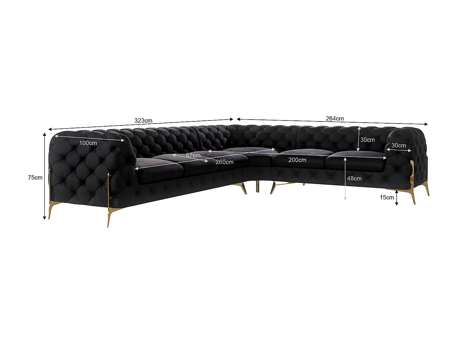 Ecksofa Chesterfield Ulysses mit Goldene Metall Füßen