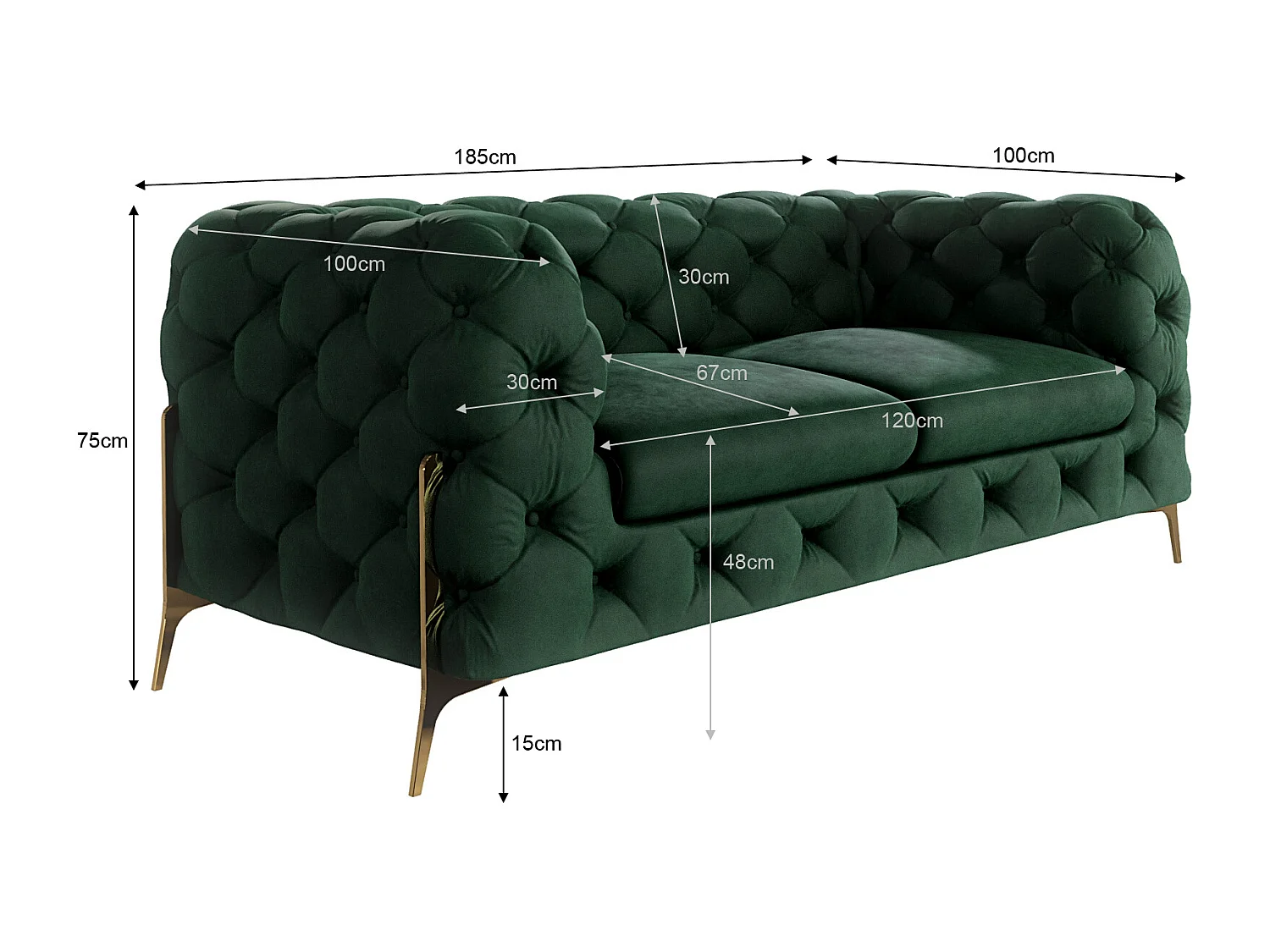 Ulysses 2-Sitzer Chesterfield Sofa mit Goldene Metall Füßen