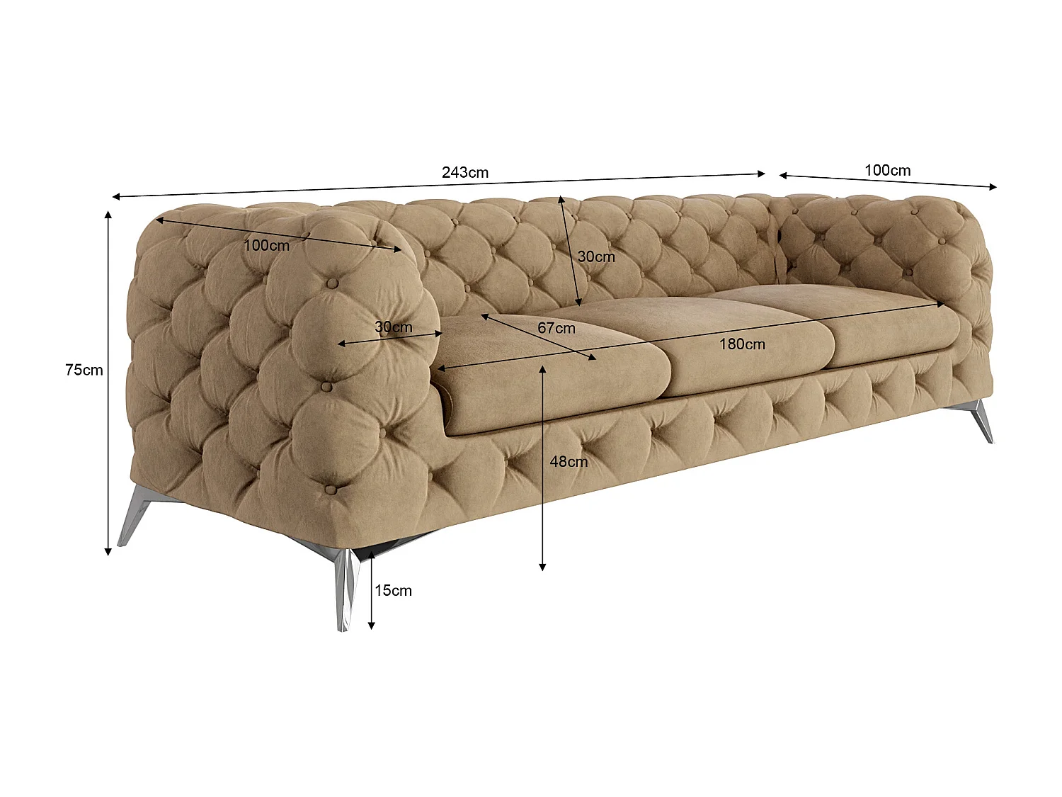Celeste 3-Sitzer Chesterfield Sofa mit Silber Metall Füßen