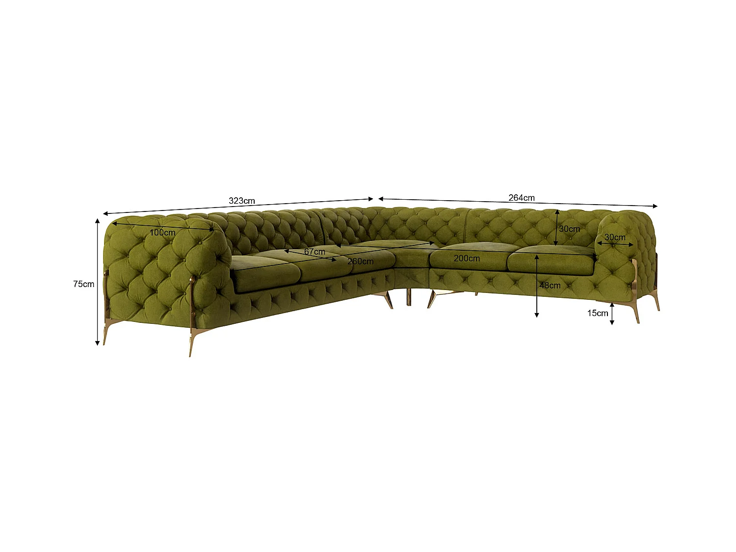 Ecksofa Chesterfield Ulysses mit Goldene Metall Füßen