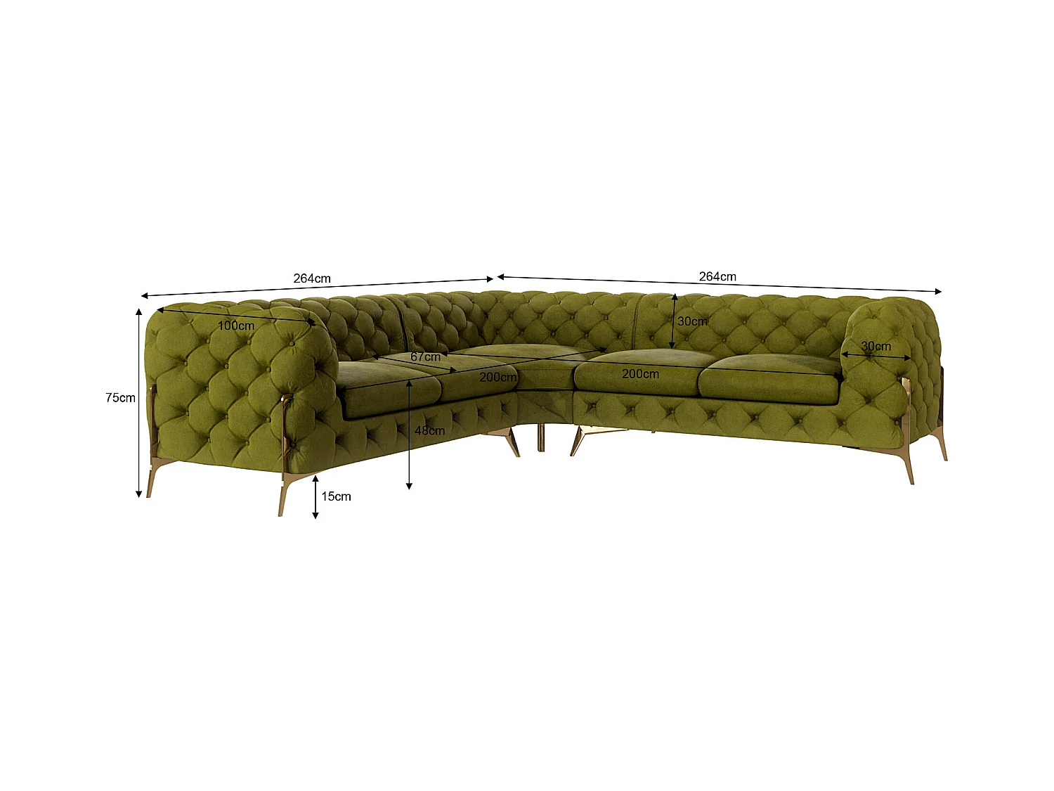 Ecksofa Chesterfield Ulysses mit Goldene Metall Füßen