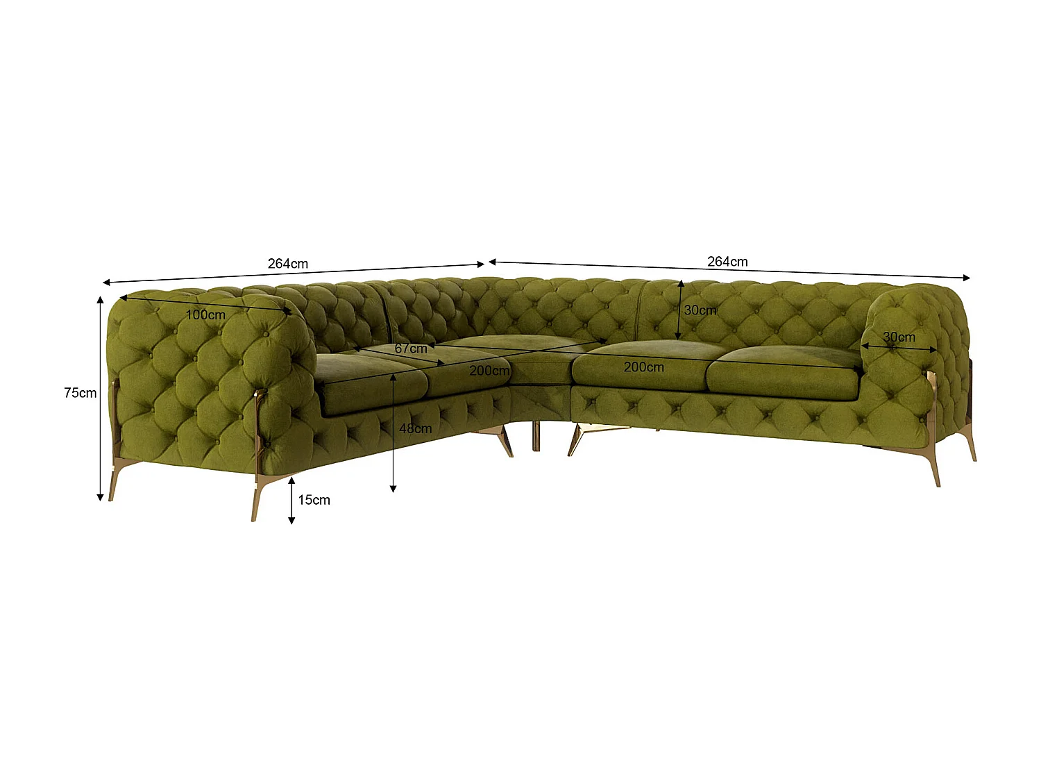 Ecksofa Chesterfield Ulysses mit Goldene Metall Füßen