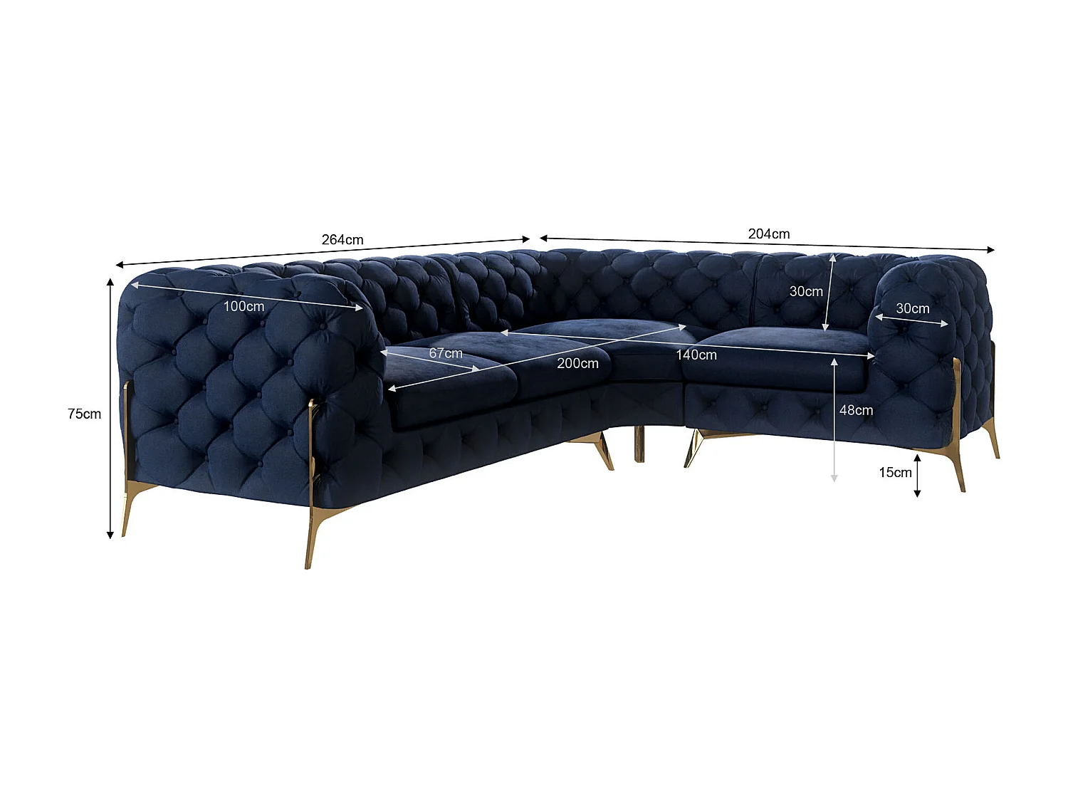 Ecksofa Chesterfield Ulysses mit Goldene Metall Füßen