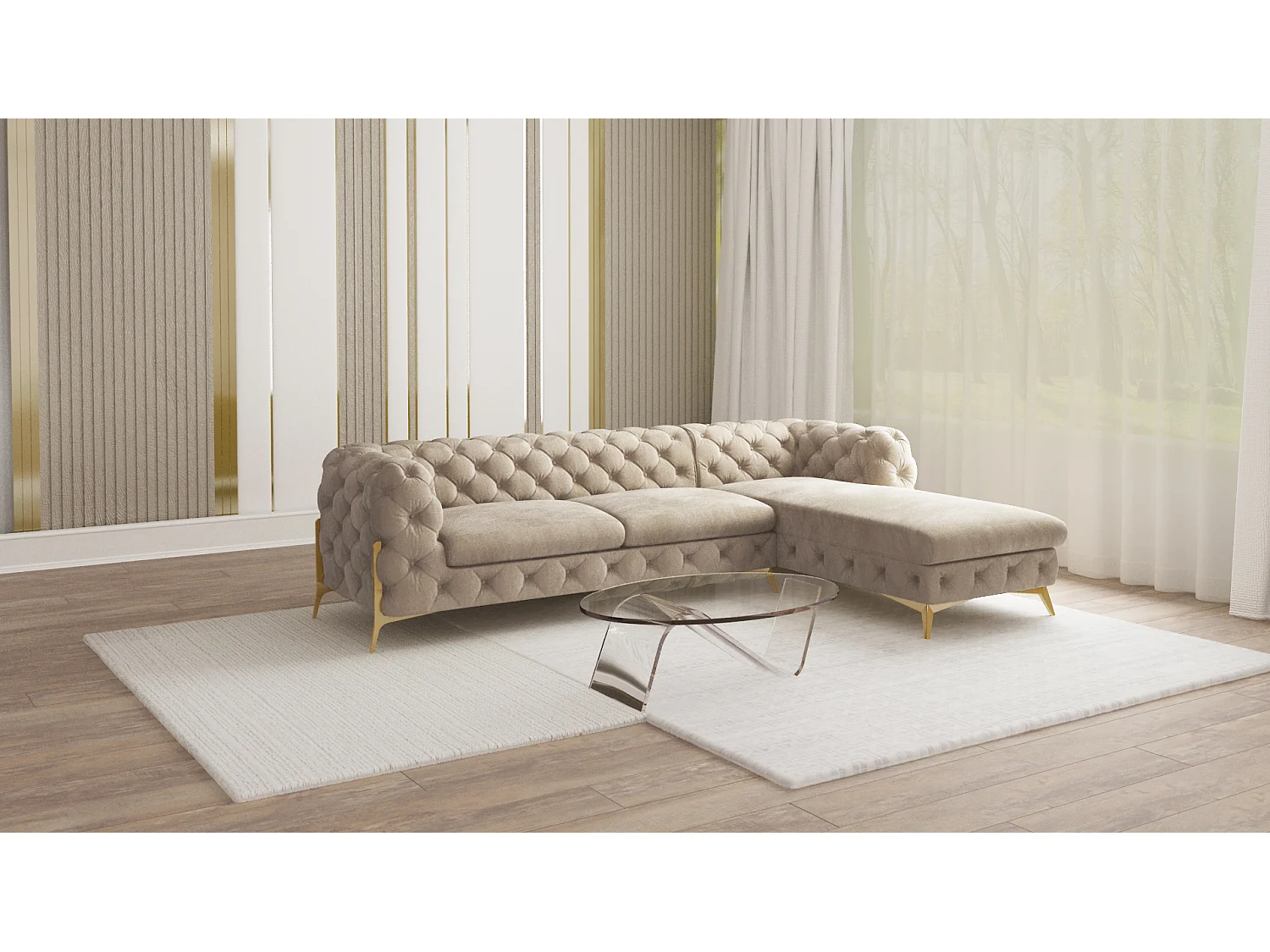 Ecksofa mit Ottomane Chesterfield Ulysses mit Goldene Metall Füßen