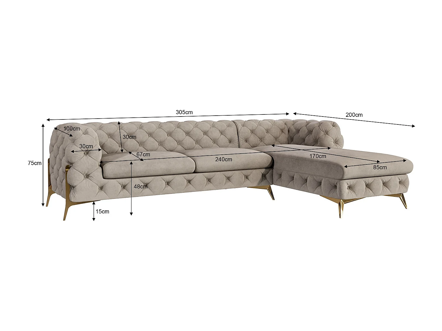 Ecksofa mit Ottomane Chesterfield Ulysses mit Goldene Metall Füßen