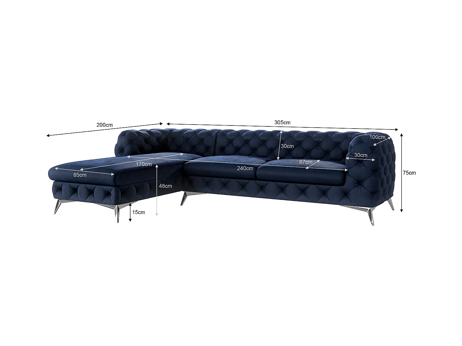 Ecksofa mit Ottomane Chesterfield Celeste mit Silber Metall Füßen