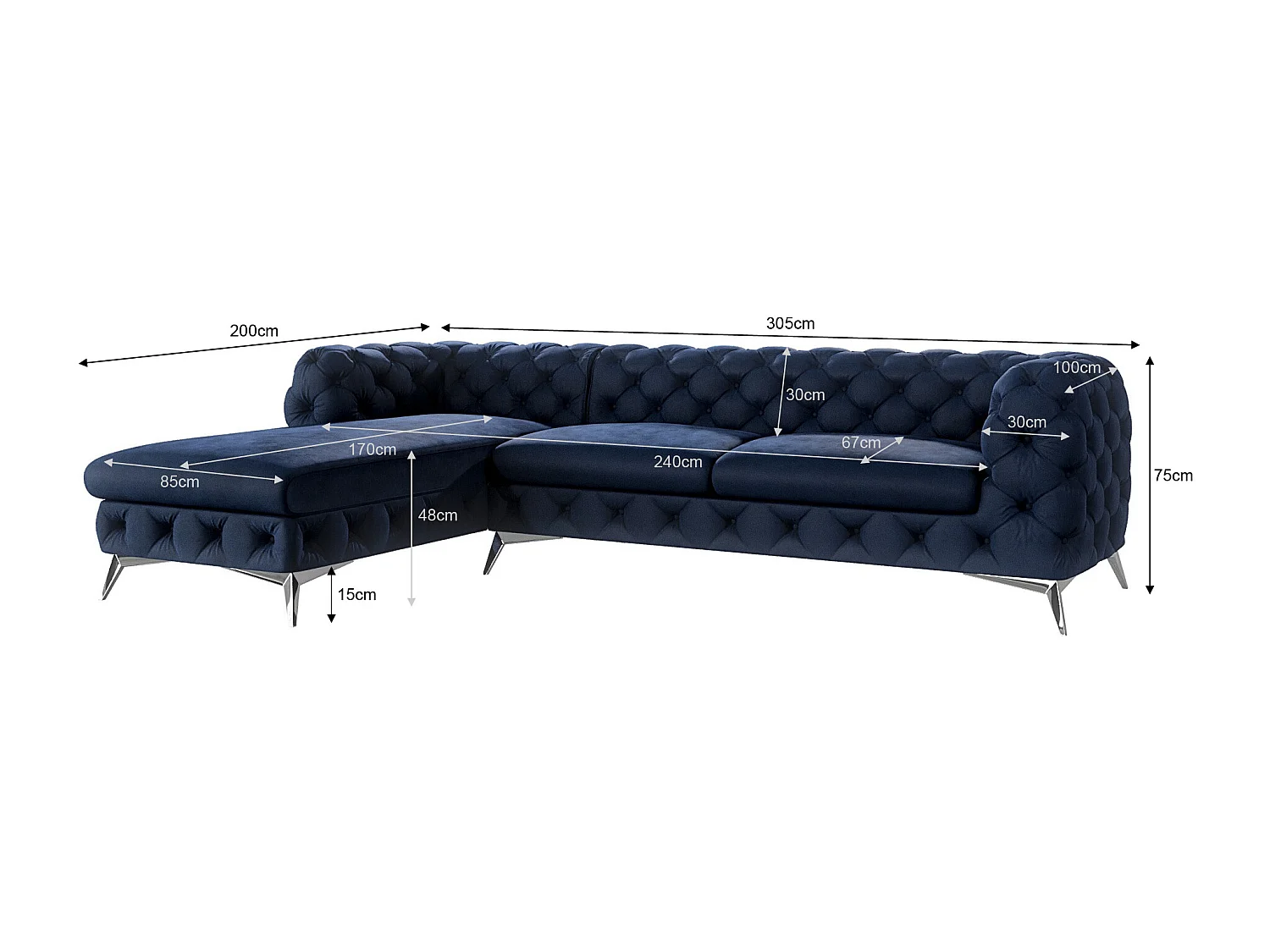 Ecksofa mit Ottomane Chesterfield Celeste mit Silber Metall Füßen