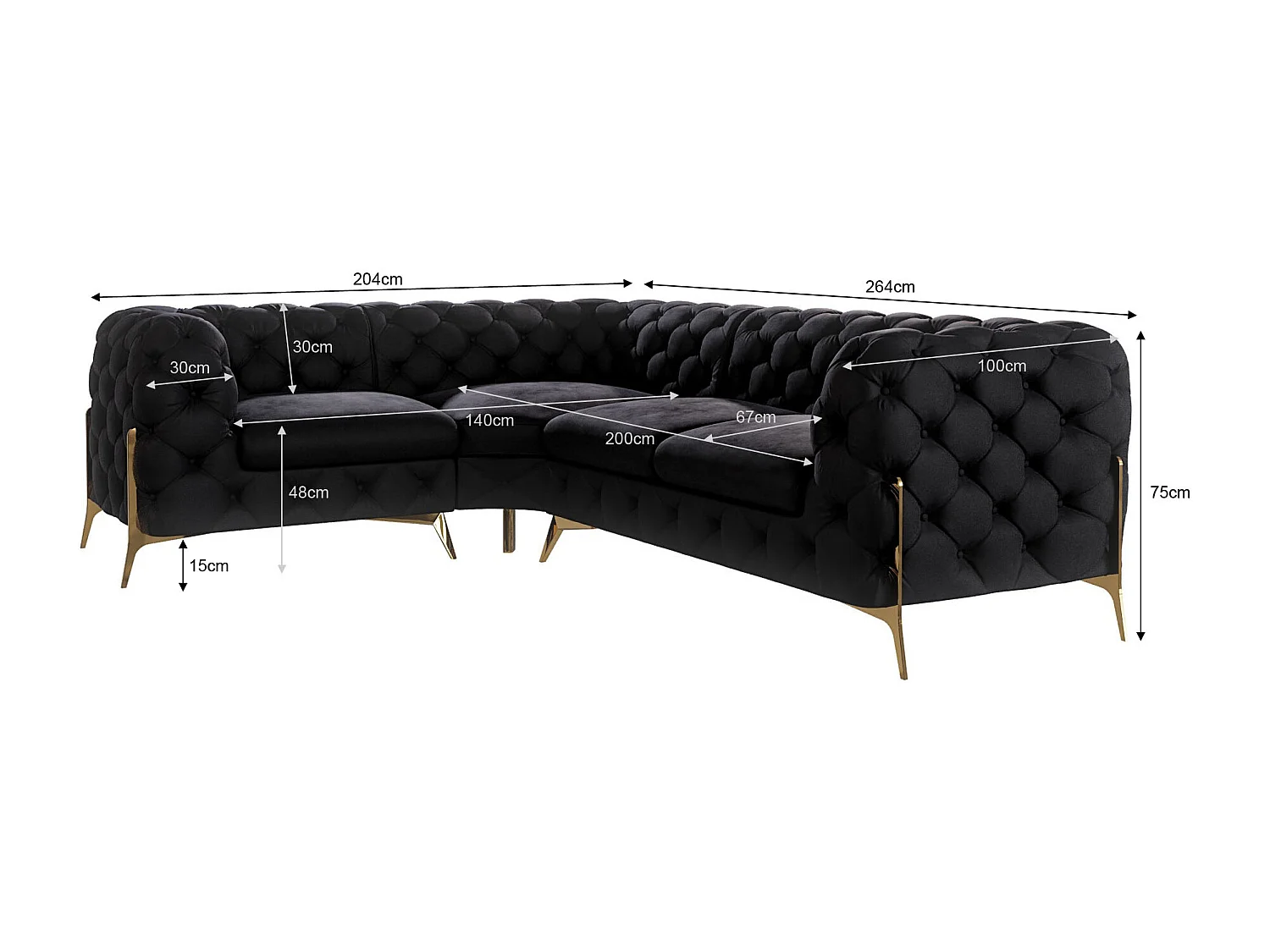Ecksofa Chesterfield Ulysses mit Goldene Metall Füßen