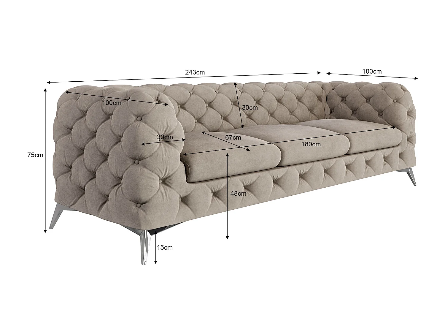 Celeste 3-Sitzer Chesterfield Sofa mit Silber Metall Füßen