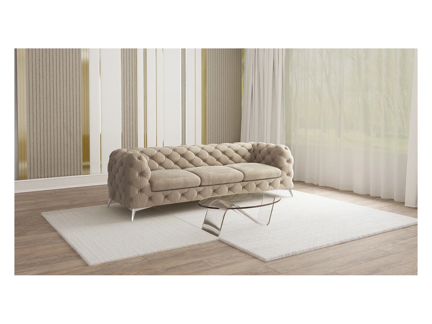 Celeste 3-Sitzer Chesterfield Sofa mit Silber Metall Füßen