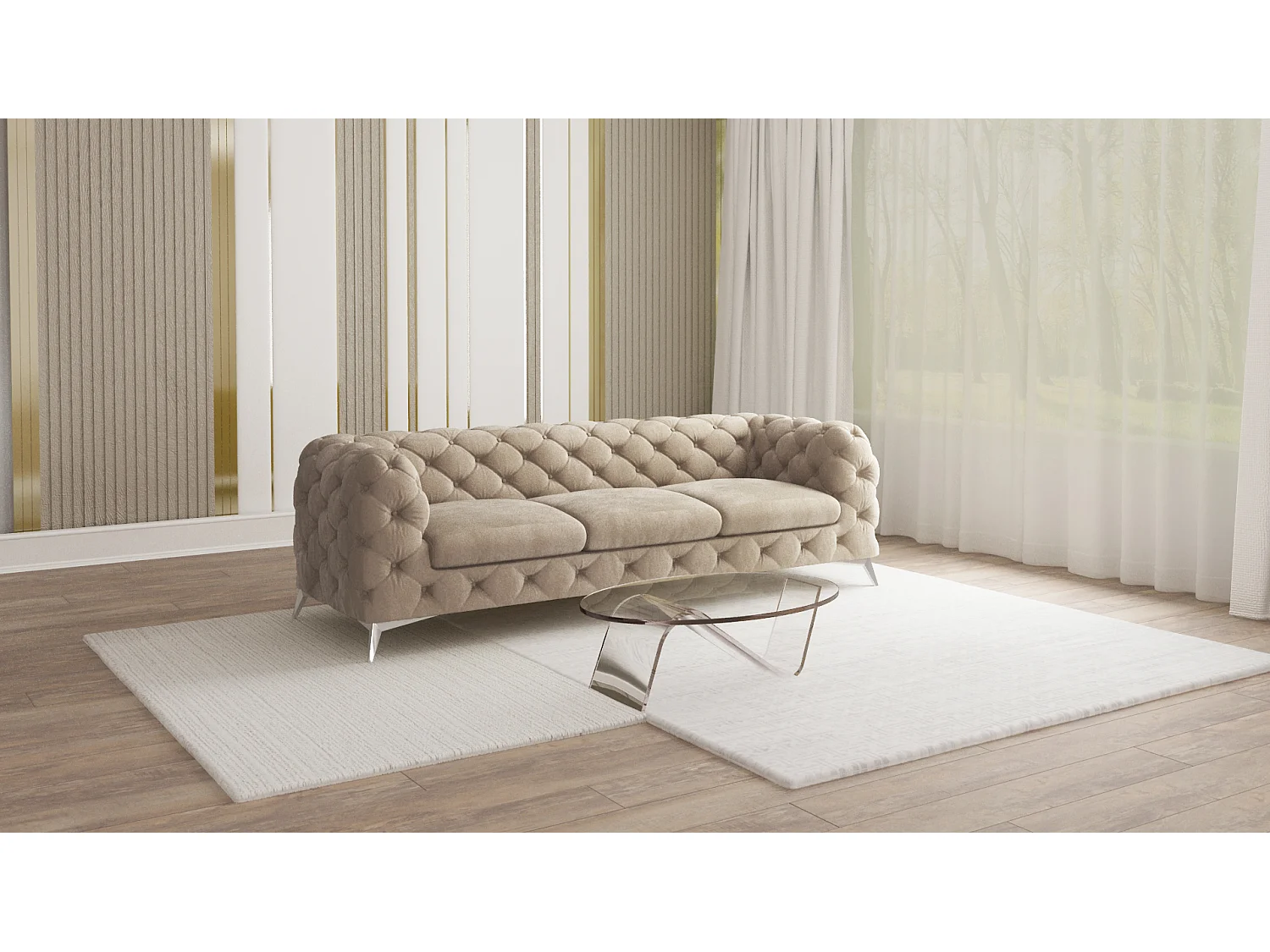 Celeste 3-Sitzer Chesterfield Sofa mit Silber Metall Füßen