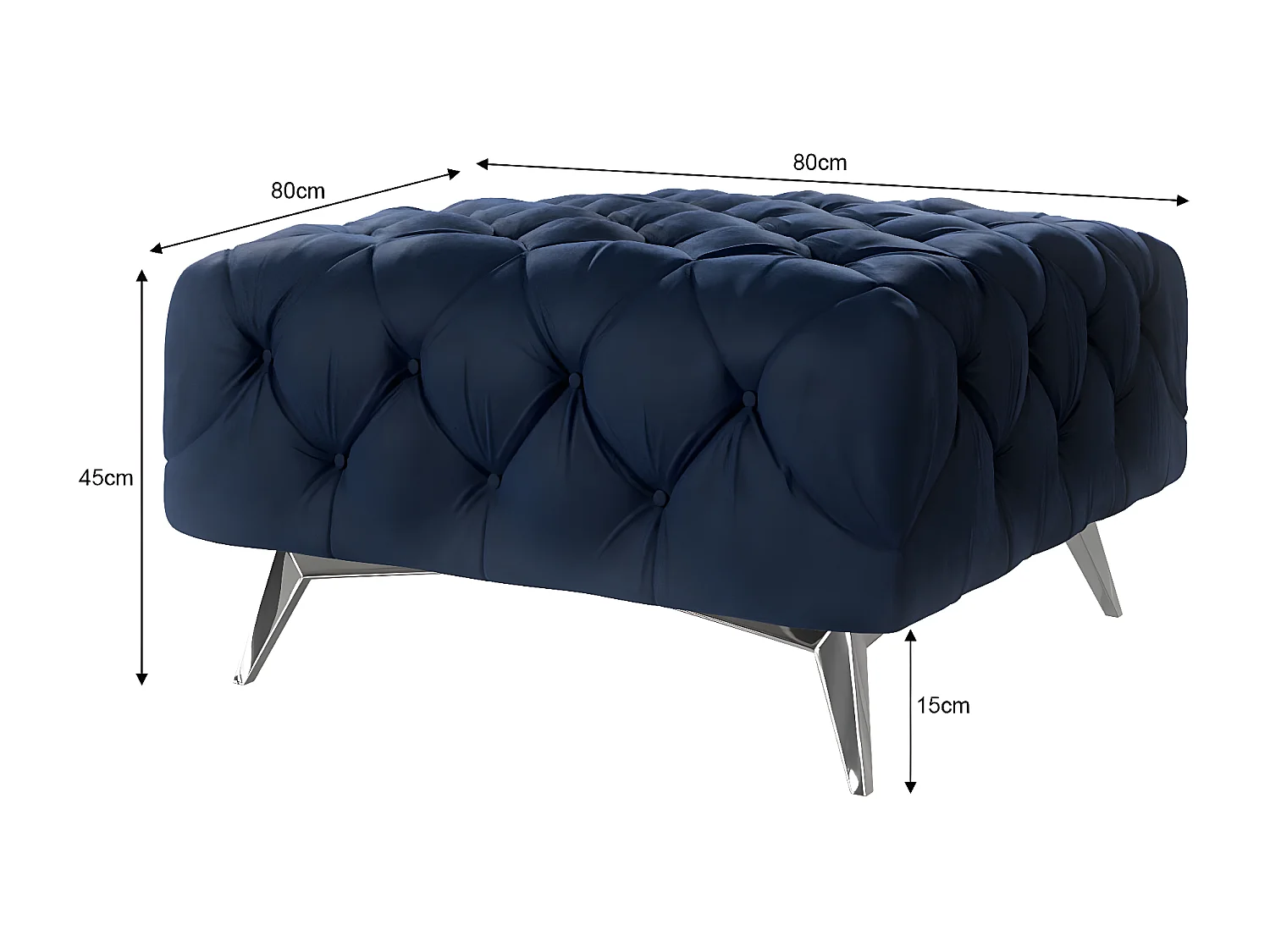 Polsterhocker Celeste mit klassischer Chesterfield-Knopfheftung und Silber Metall Füßen