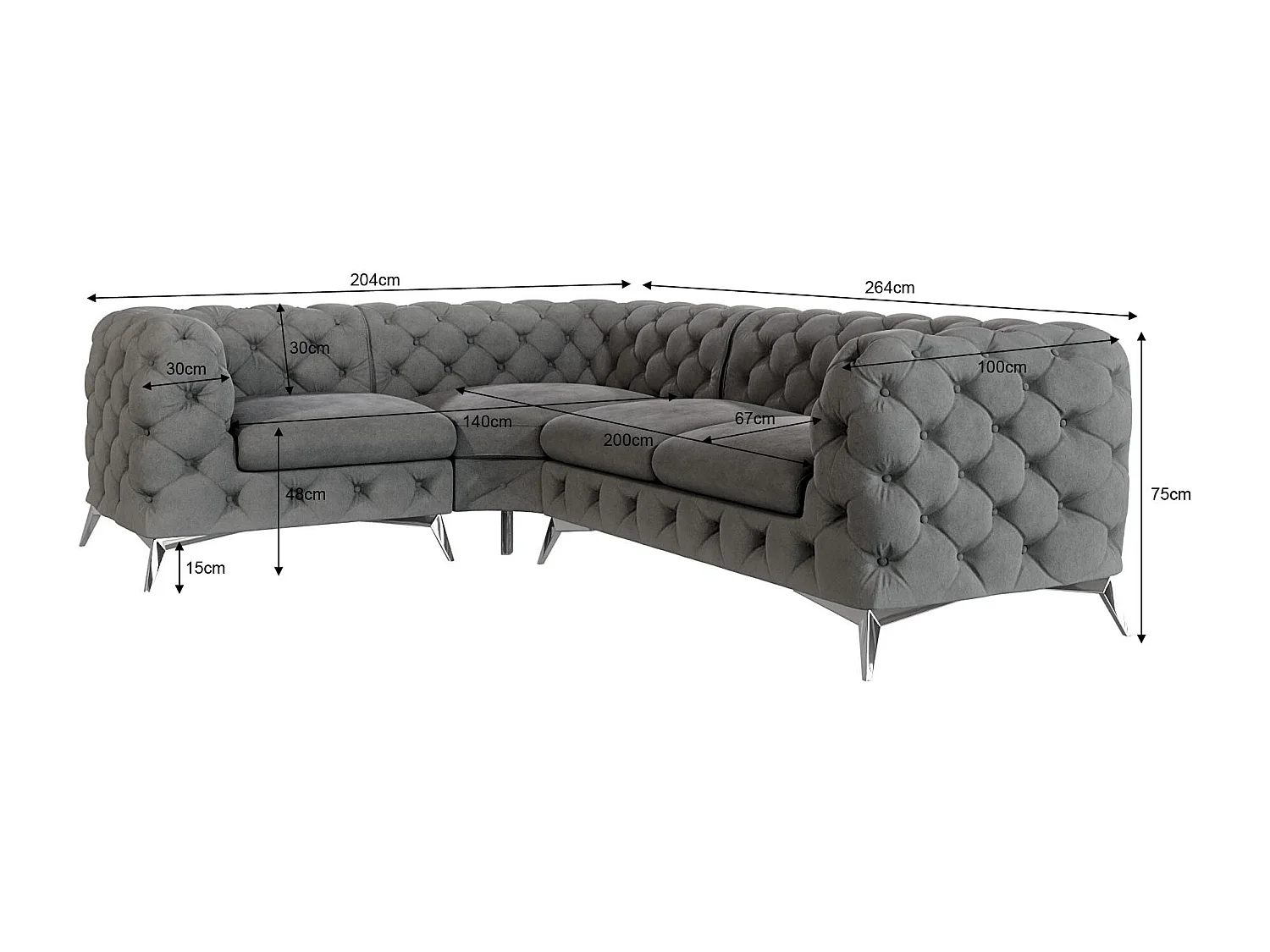 Ecksofa mit Ottomane Chesterfield Celeste mit Silber Metall Füßen