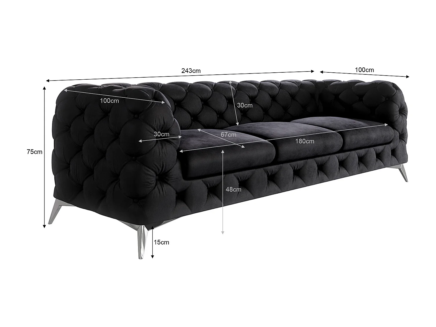 Celeste 3-Sitzer Chesterfield Sofa mit Silber Metall Füßen