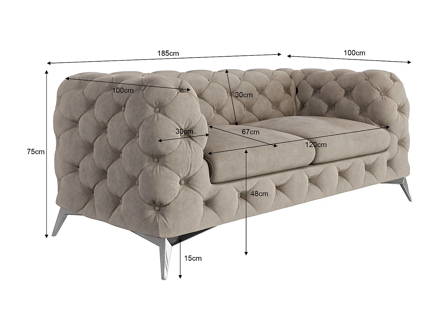 Celeste 2-Sitzer Chesterfield Sofa mit Silber Metall Füßen