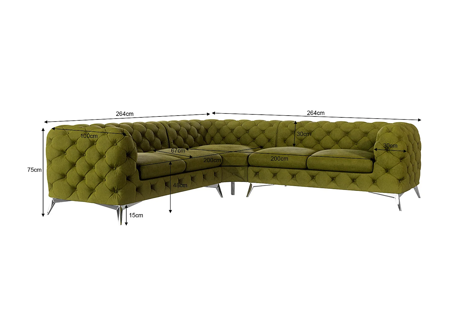 Ecksofa Chesterfield Celeste mit Silber Metall Füßen