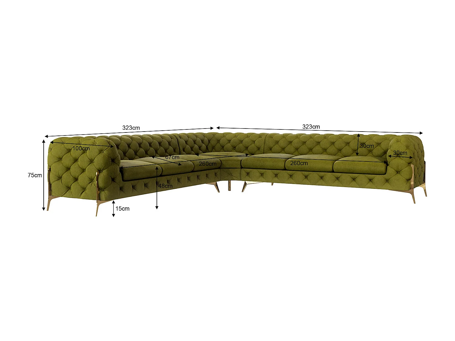 Ecksofa Chesterfield Ulysses mit Goldene Metall Füßen