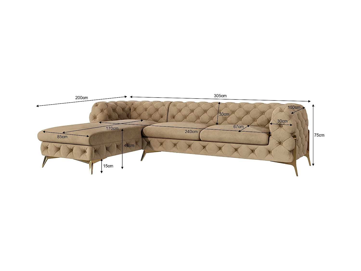 Ecksofa mit Ottomane Chesterfield Ulysses mit Goldene Metall Füßen