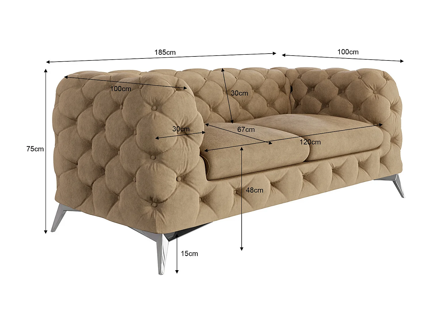 Celeste 2-Sitzer Chesterfield Sofa mit Silber Metall Füßen