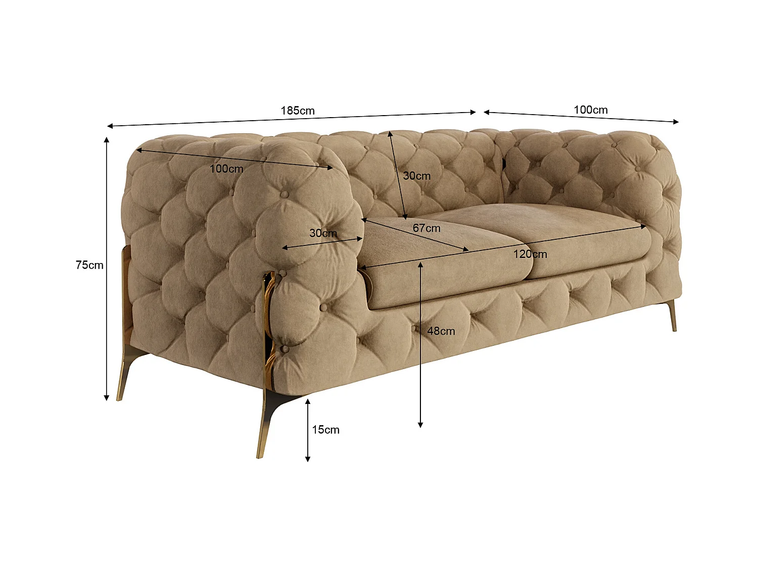 Ulysses 2-Sitzer Chesterfield Sofa mit Goldene Metall Füßen