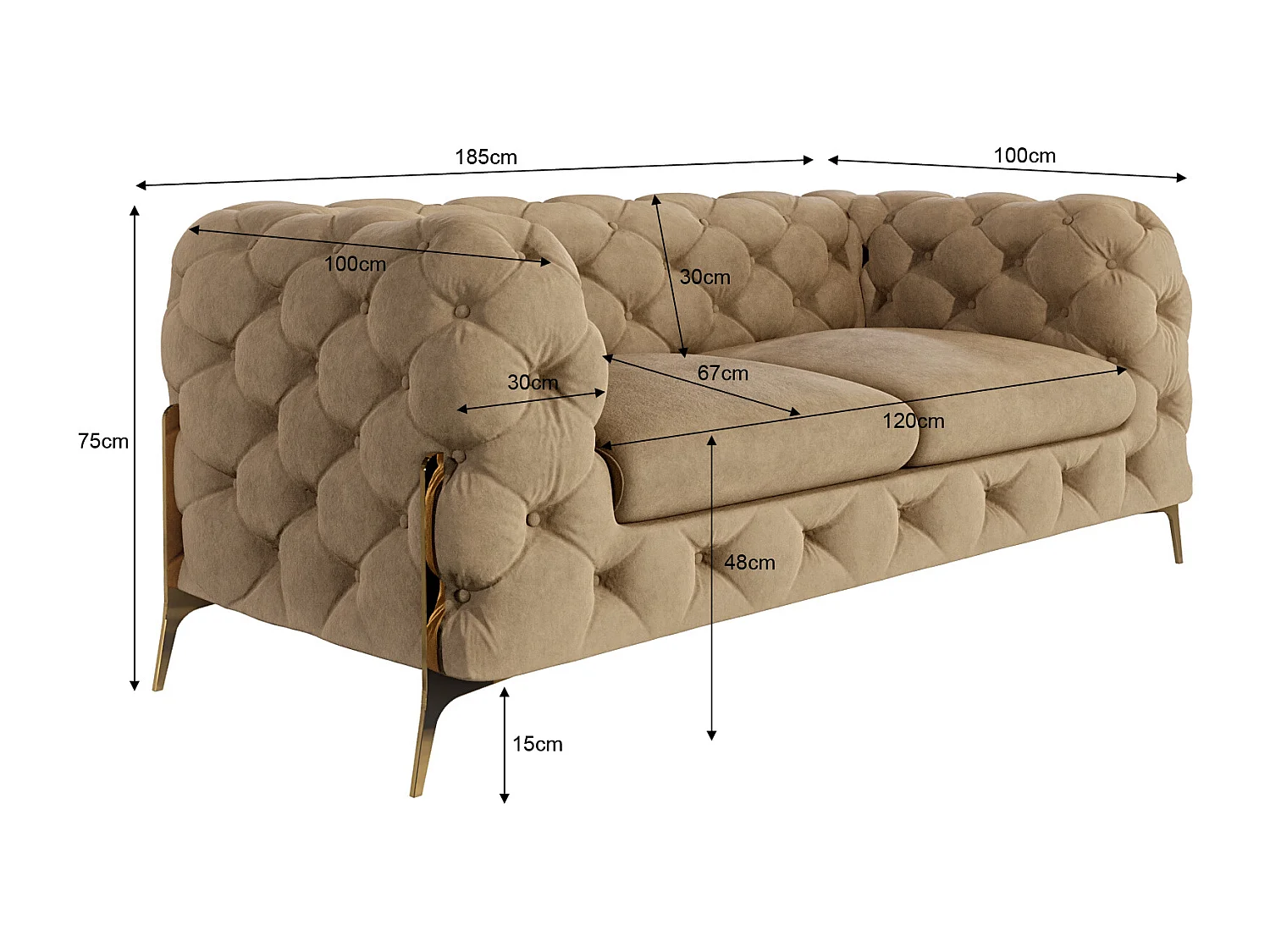 Ulysses 2-Sitzer Chesterfield Sofa mit Goldene Metall Füßen