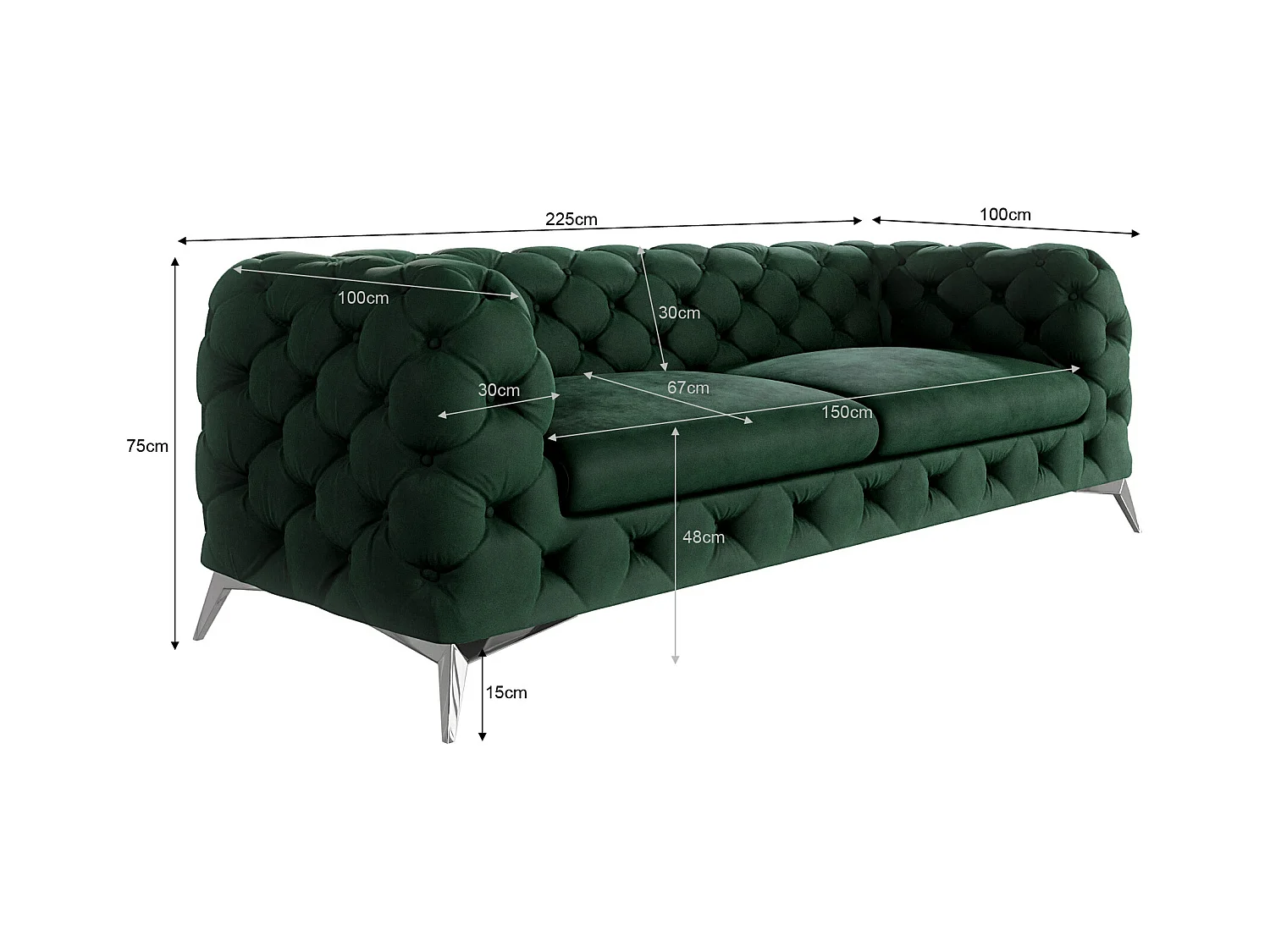 Celeste 3-Sitzer Chesterfield Sofa mit Silber Metall Füßen