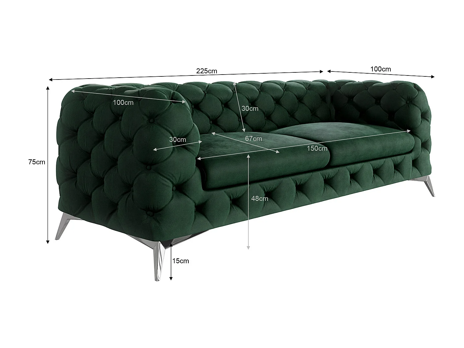 Celeste 3-Sitzer Chesterfield Sofa mit Silber Metall Füßen