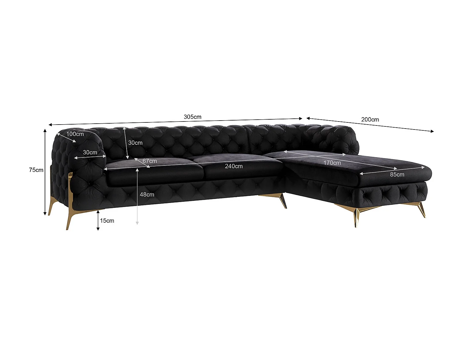 Ecksofa mit Ottomane Chesterfield Ulysses mit Goldene Metall Füßen