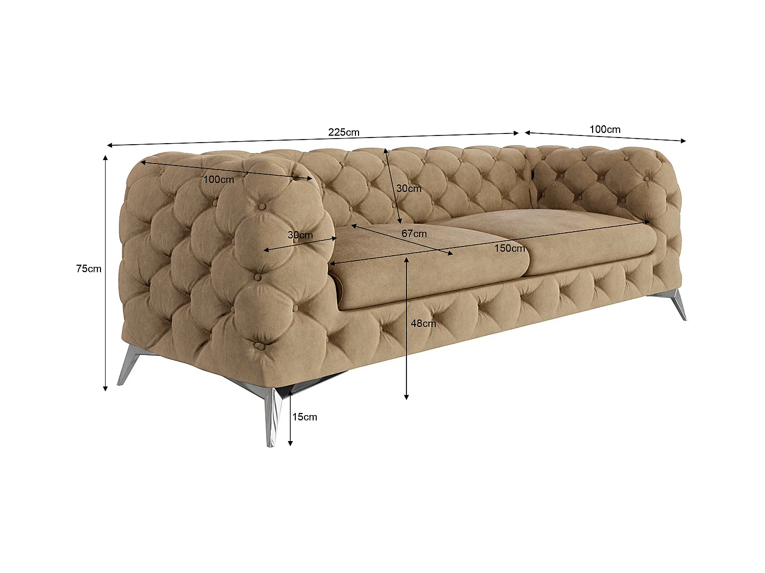 Celeste 3-Sitzer Chesterfield Sofa mit Silber Metall Füßen