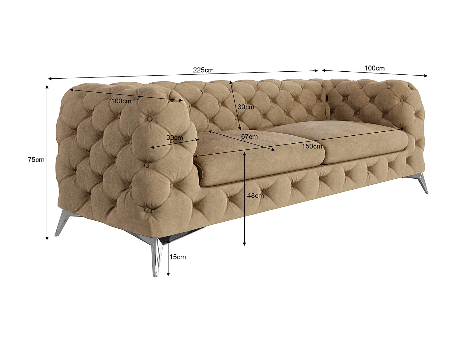 Celeste 3-Sitzer Chesterfield Sofa mit Silber Metall Füßen