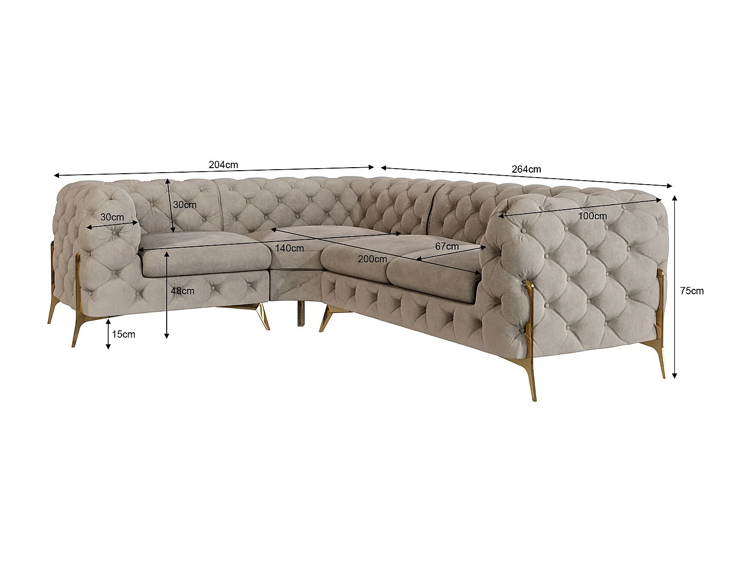 Ecksofa Chesterfield Ulysses mit Goldene Metall Füßen
