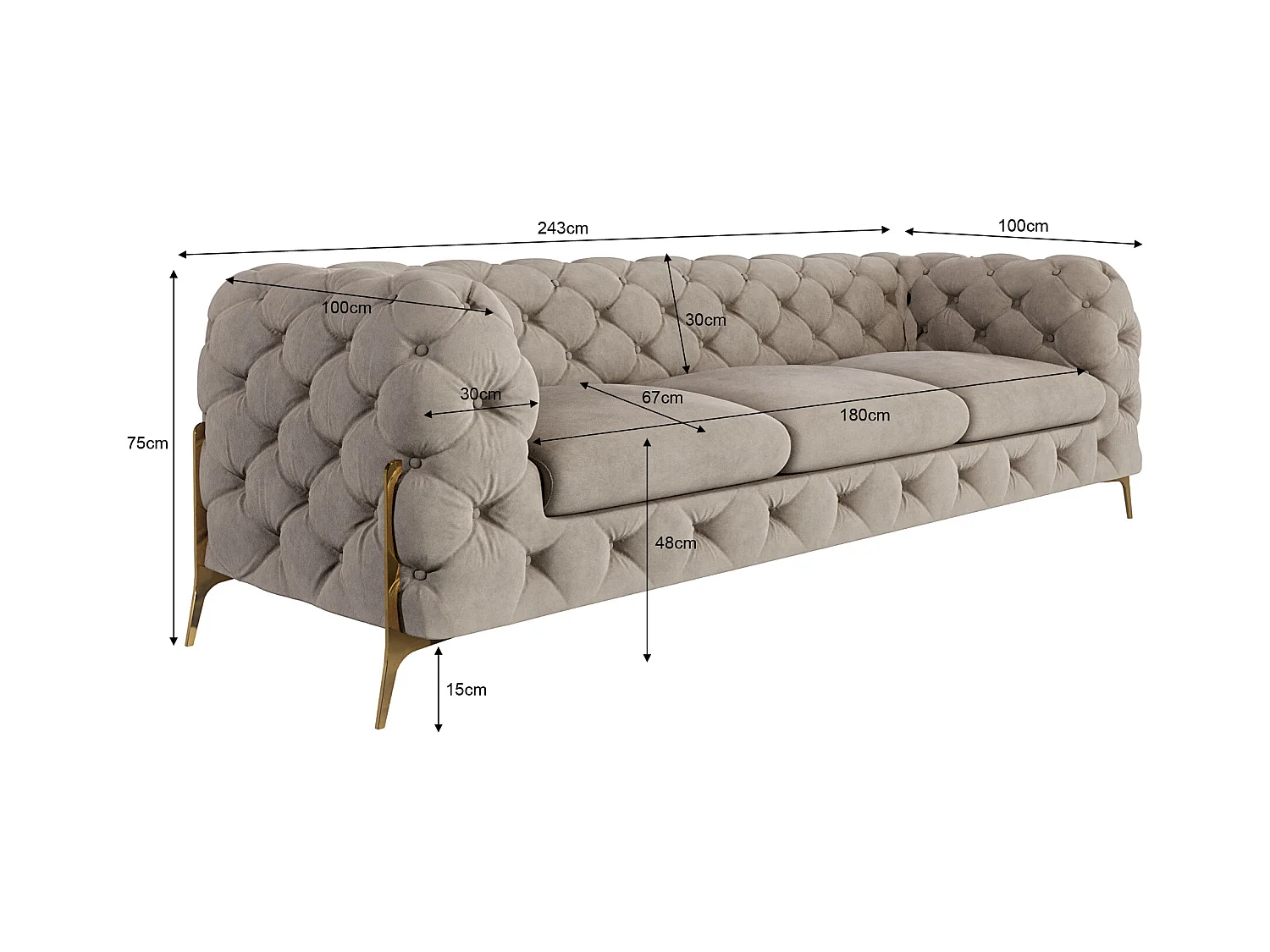 Ulysses 3-Sitzer Chesterfield Sofa mit Goldene Metall Füßen