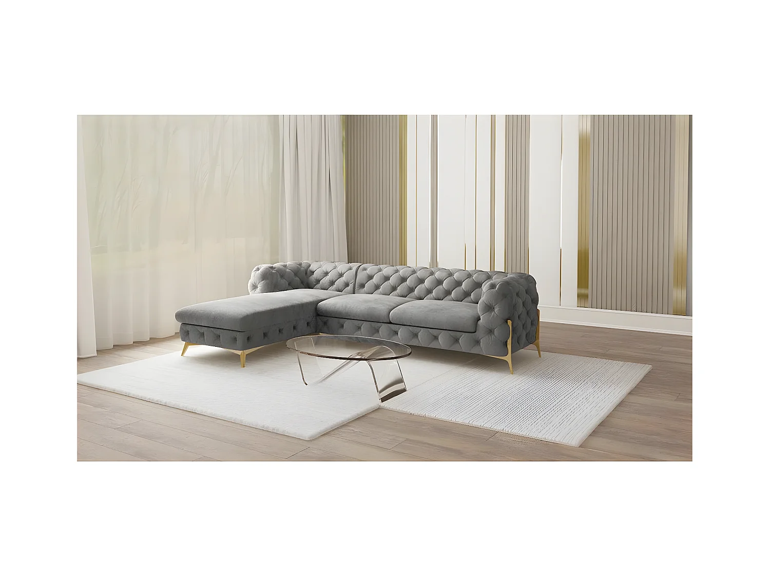 Ecksofa mit Ottomane Chesterfield Ulysses mit Goldene Metall Füßen