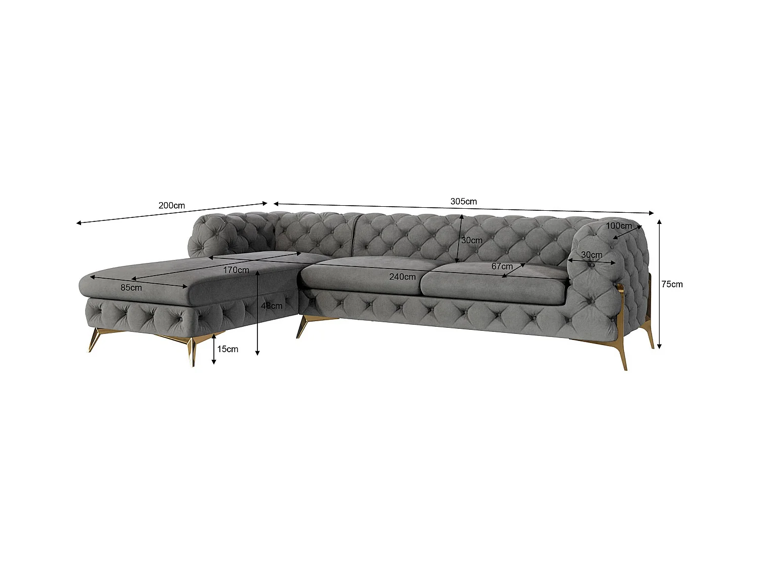 Ecksofa mit Ottomane Chesterfield Ulysses mit Goldene Metall Füßen