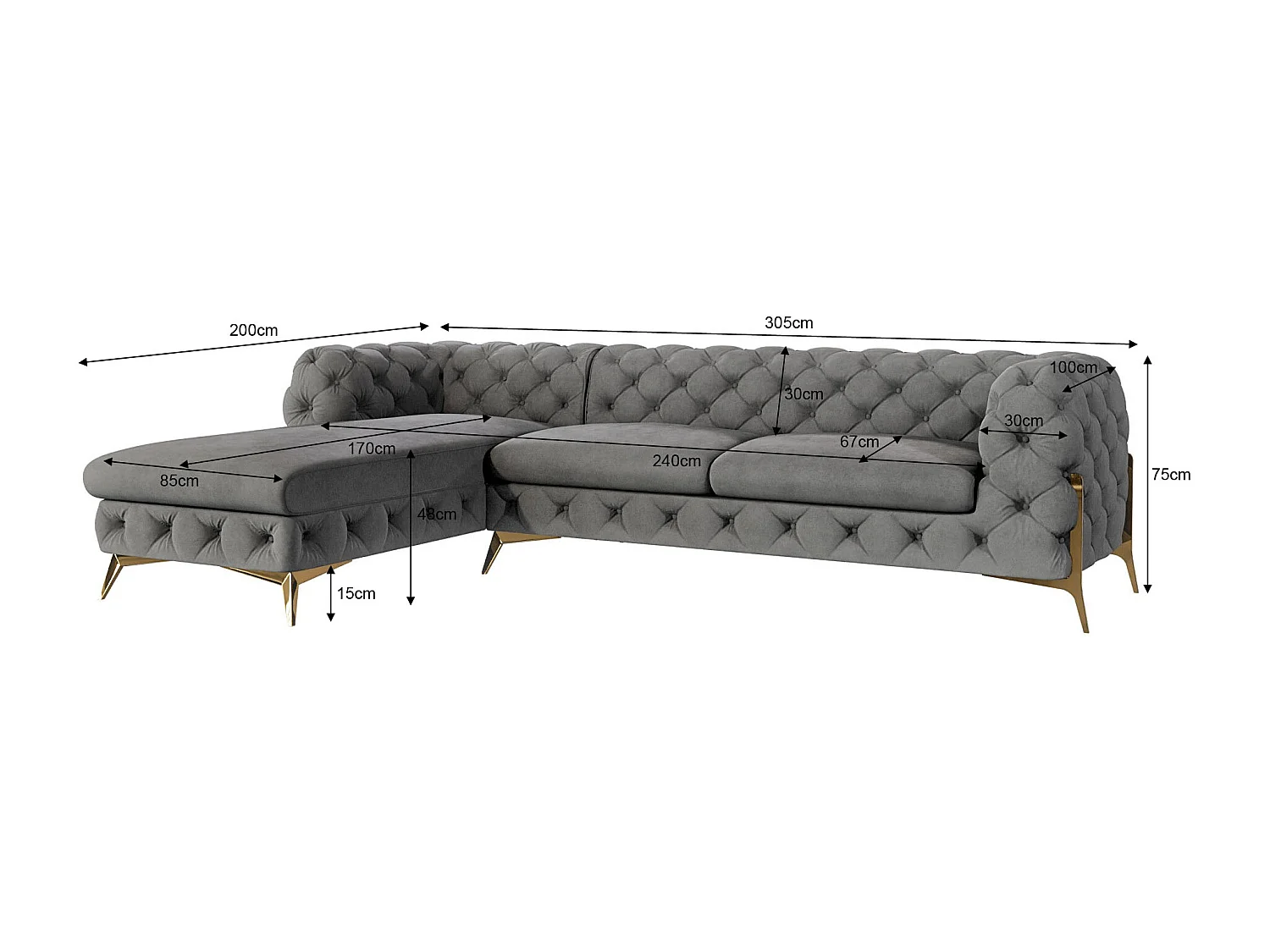 Ecksofa mit Ottomane Chesterfield Ulysses mit Goldene Metall Füßen