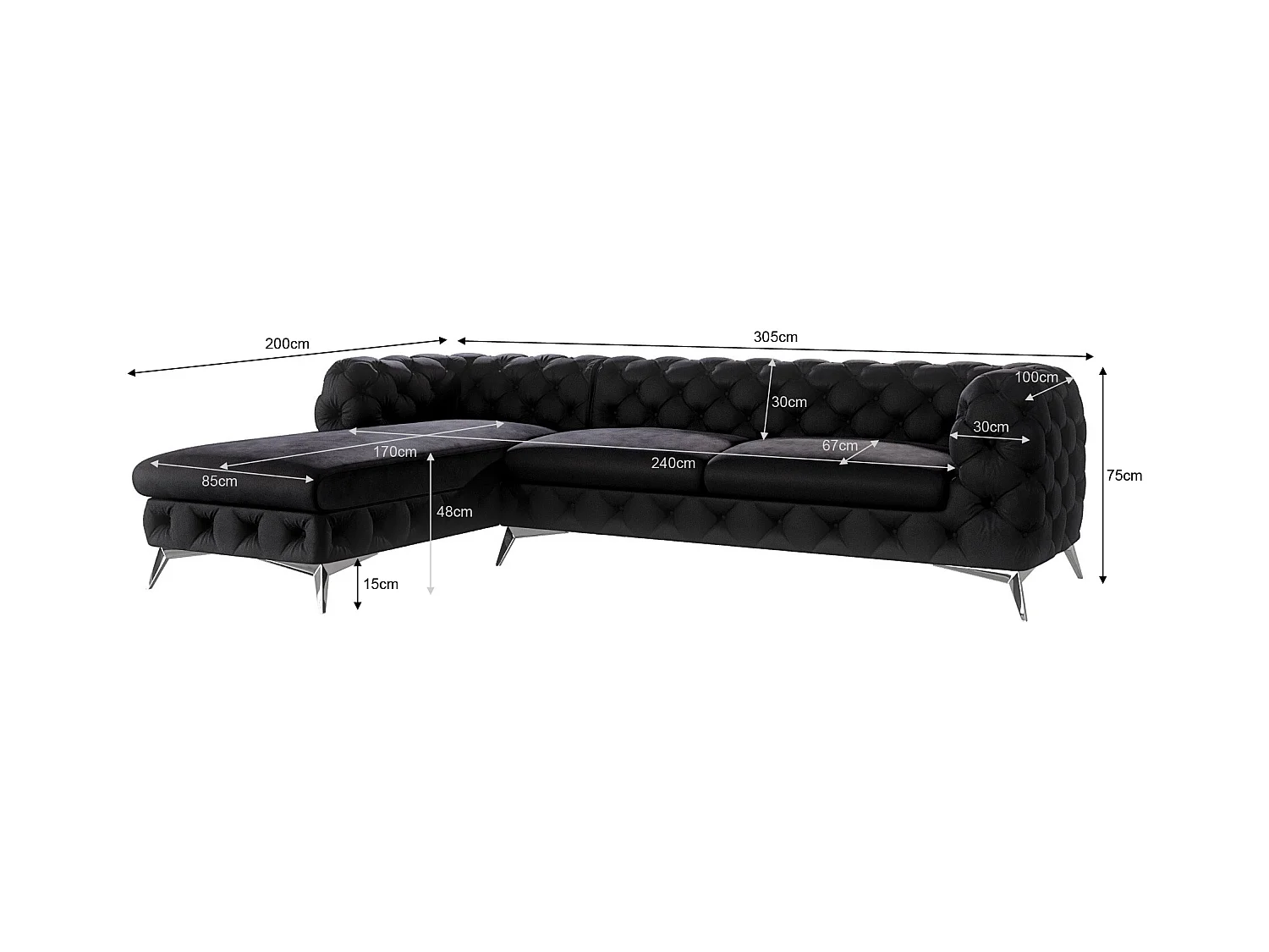 Ecksofa mit Ottomane Chesterfield Celeste mit Silber Metall Füßen